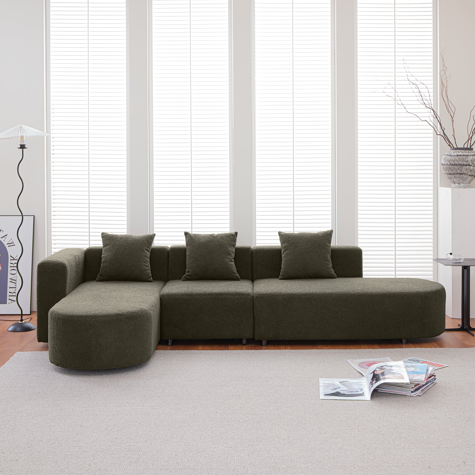 Modern Sectional L Shape Boucle Sofa With Curved Seat Facing Left Green Modern Foam Boucle