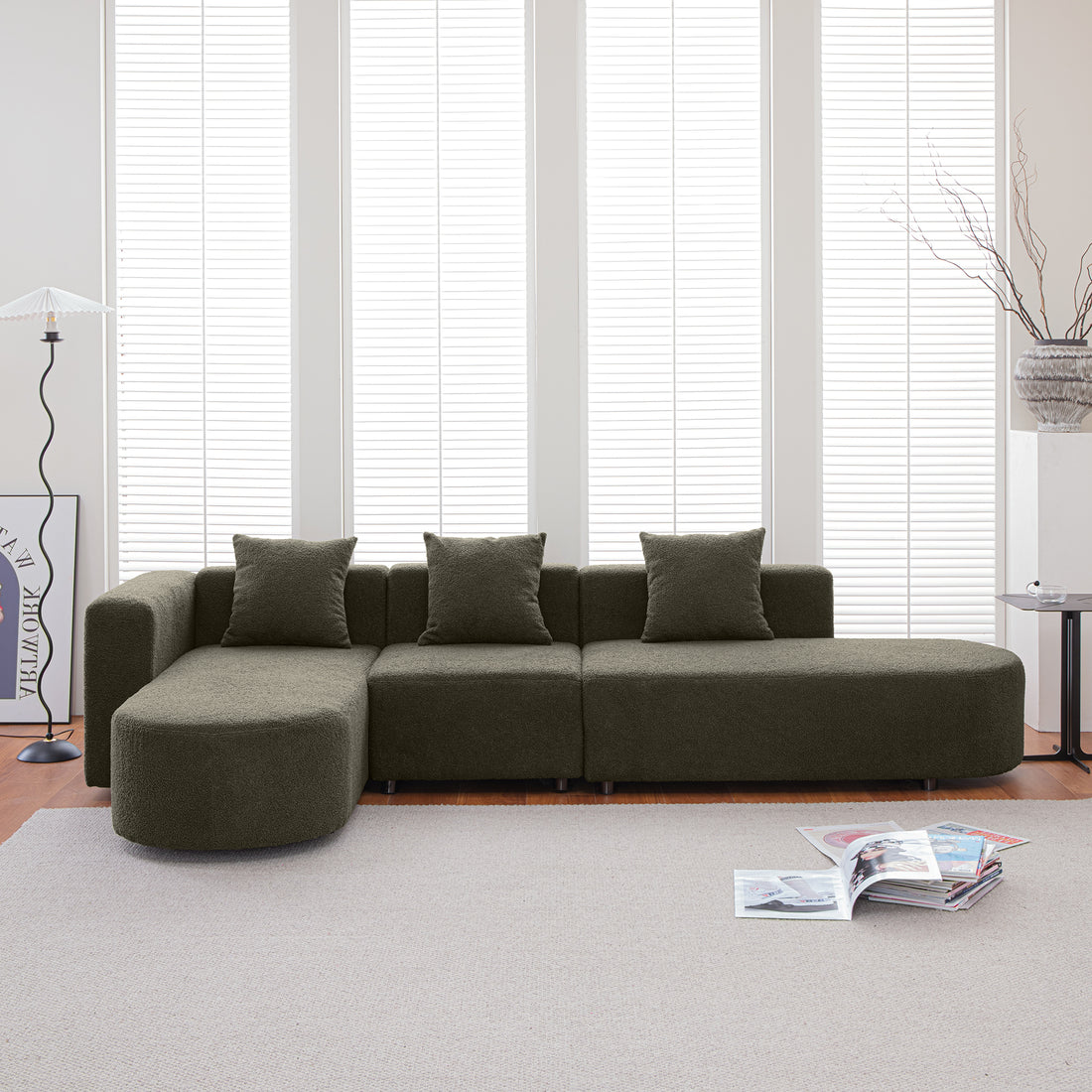 Modern Sectional L Shape Boucle Sofa With Curved Seat Facing Left Green Modern Foam Boucle