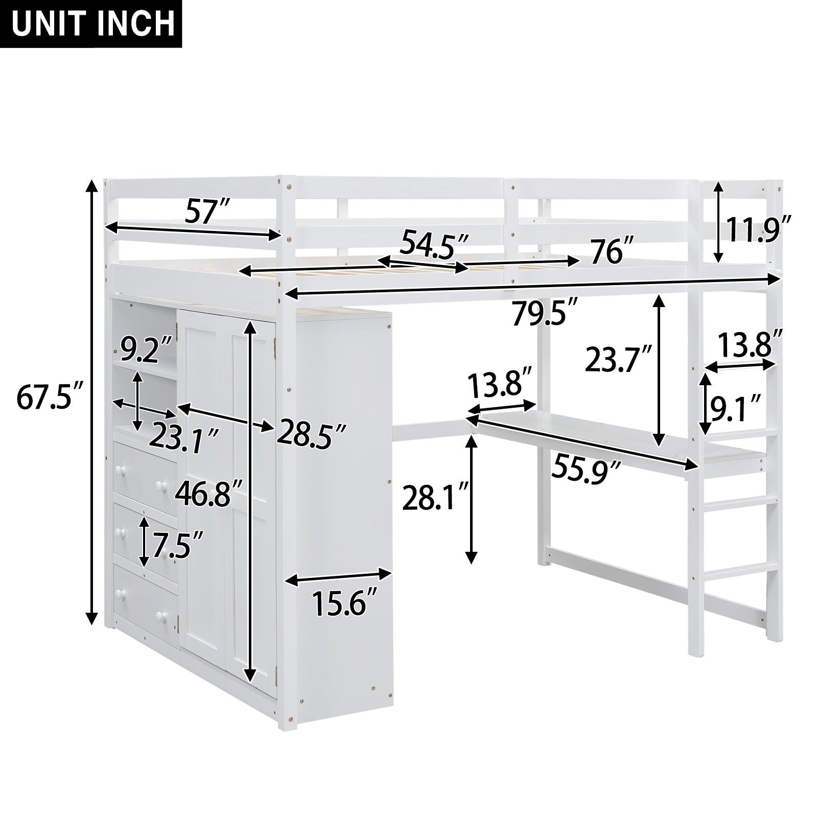 Wood Full Size Loft Bed With Built In Wardrobe, Desk, Storage Shelves And Drawers, White Box Spring Not Required Full White Wood Bedroom Bed Frame Solid Wood Mdf