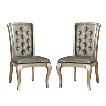 Set Of 2 Faux Leather Upholstered Side Chairs In Champagne Solid Champagne Dining Room Dining Chairs Tufted Back Faux Leather