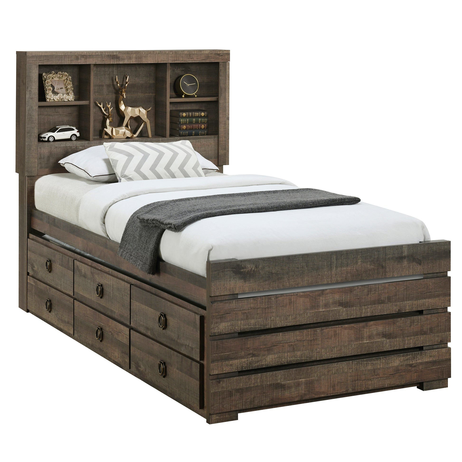 2 Pieces Bedroom Sets Farmhouse Style Twin Size Bookcase Captain Bed And Nightstand, Rustic Brown Twin Rustic Brown Bed Included,Nightstand Included Plywood
