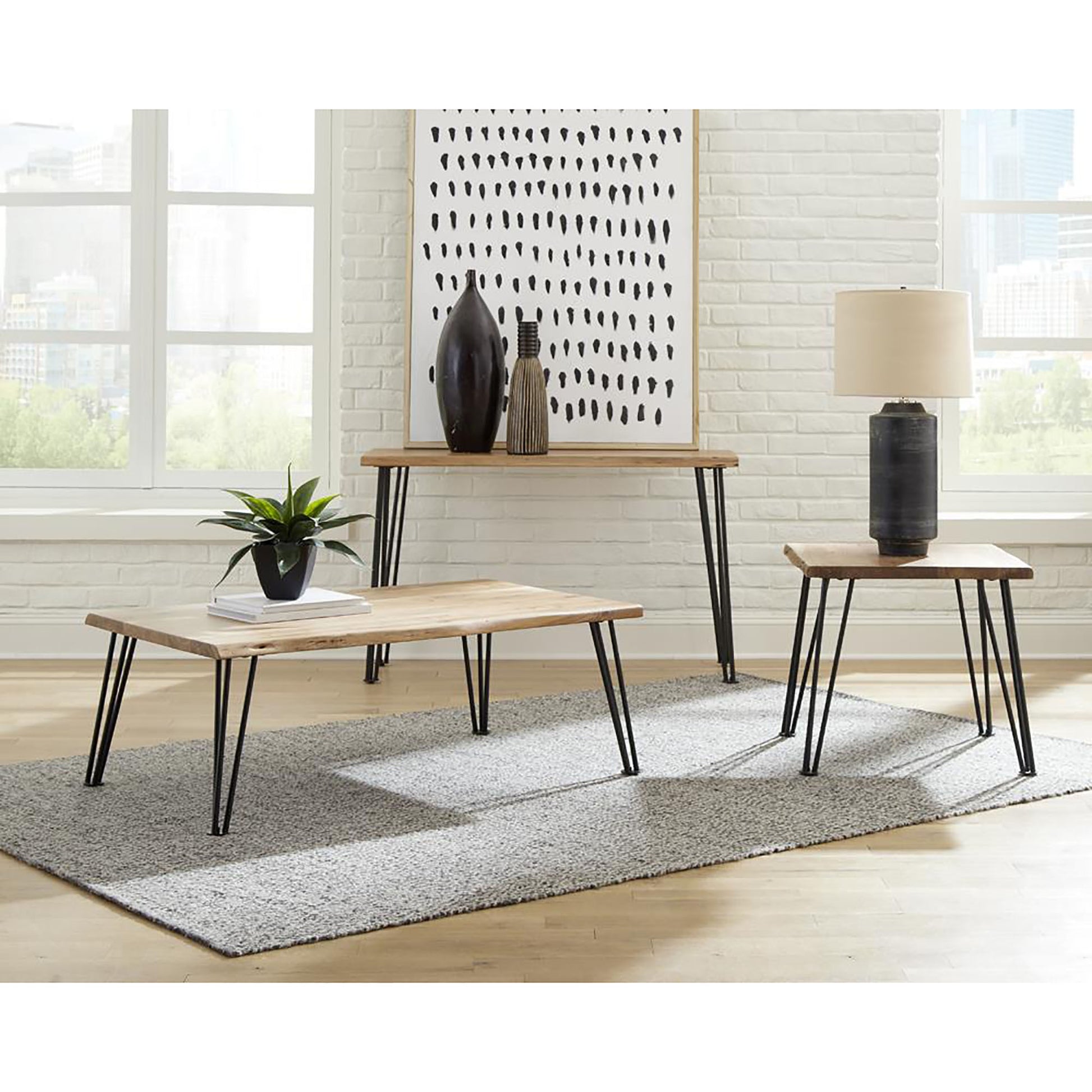 Natural And Matte Black Sofa Table With Hairpin Leg Brown Primary Living Space Farmhouse,Rustic Tabeltop Acacia Rectangular Coffee & End Tables Powder Coated Wood