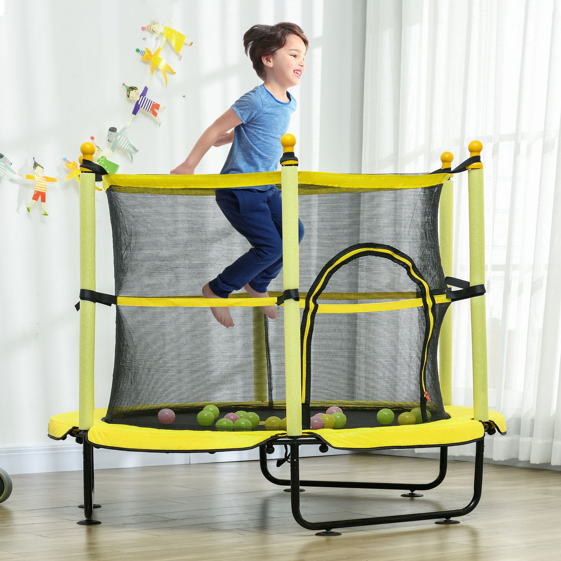 Qaba 4.6' Trampoline For Kids, 55 Inch Toddler Trampoline With Safety Enclosure & Ball Pit For Indoor Or Outdoor Use, Built For Kids 3 10 Years, Yellow Yellow Steel