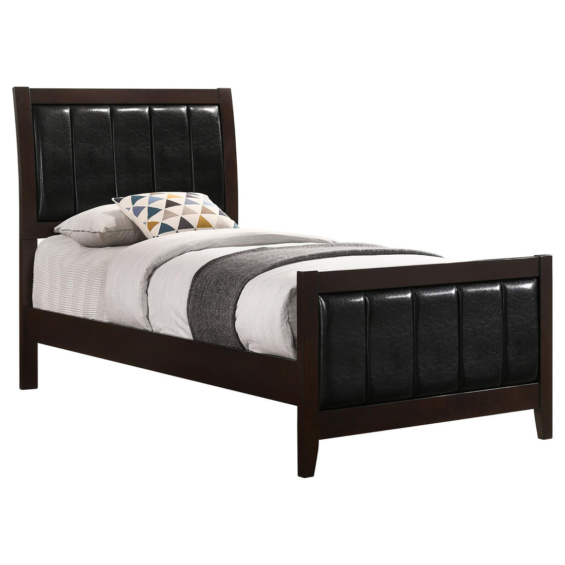 Cappuccino And Black Twin Panel Bed Box Spring Required Twin Brown Wood Bedroom Contemporary,Modern Rubberwood Panel Faux Leather Wood