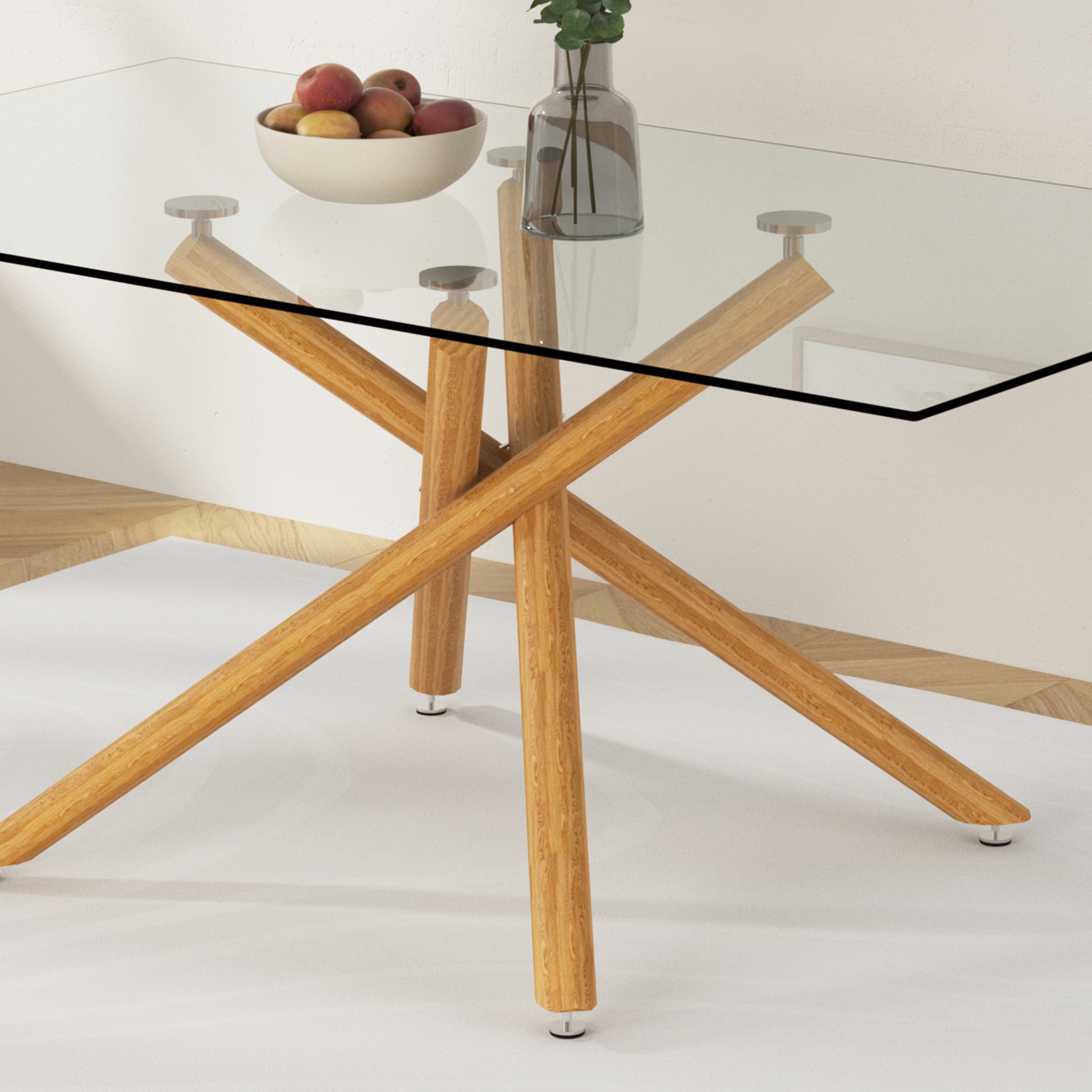 A Table With Four Chairs. Glass Dining Table With 0.39 "Tempered Glass Tabletop And Wooden Metal Legs. Pu Leather High Backrest Cushioned Side Chair With C Shaped Chrome Metal Legs. Transparent Glass