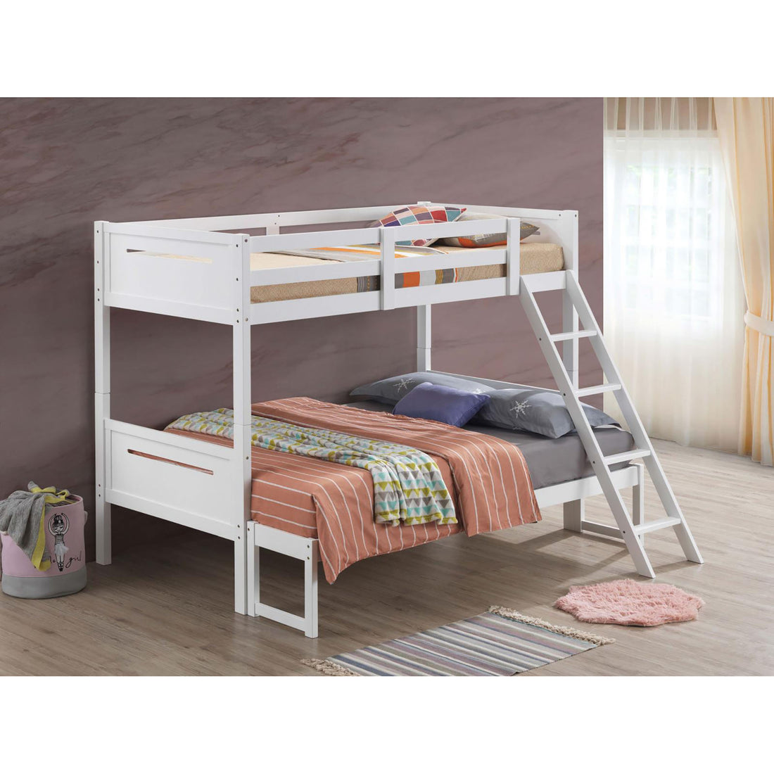 White Twin Full Bunk Bed With Built In Ladder White Wood White Bedroom Transitional Rubberwood Bunk Wood