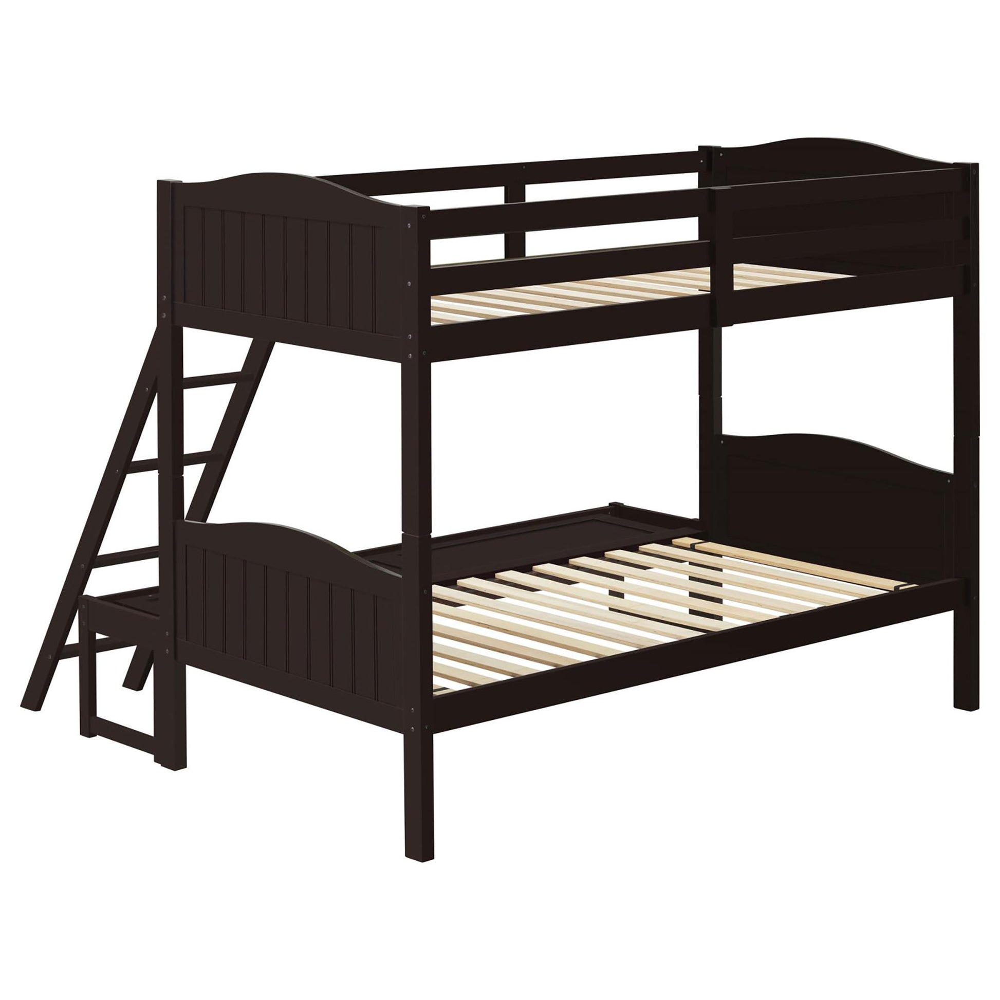 Espresso Twin Full Bunk Bed With Arched Headboard Brown Wood Espresso Bedroom Transitional Rubberwood Bunk Wood