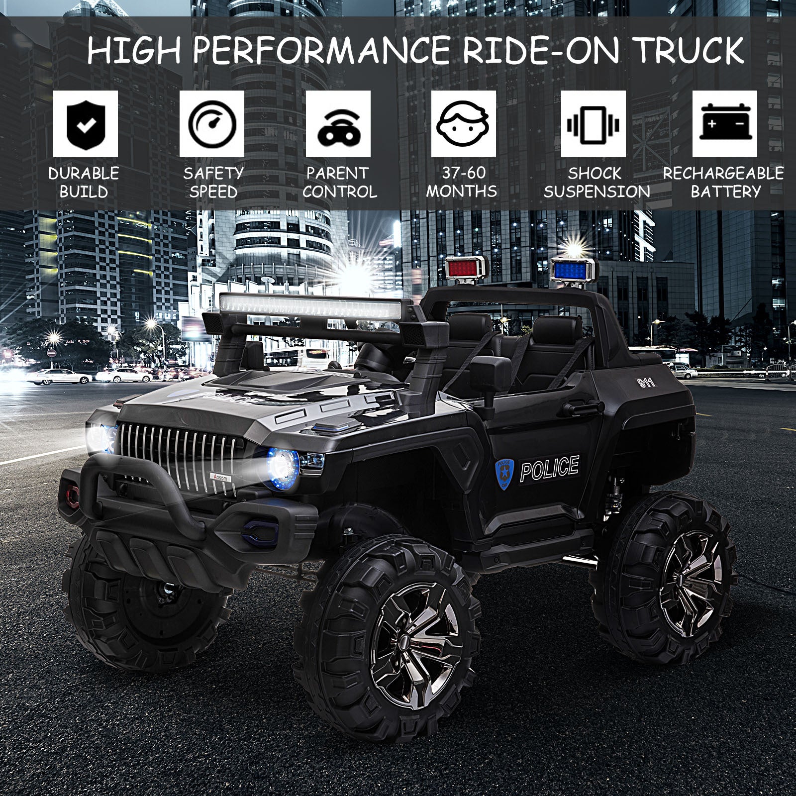 Aosom Big Size 53"L 2 Seater 12V Police Car Ride On Truck With Remote Control And Siren, Battery Operated Electric Car For Kids With Suspension, Mp3 Player, Lights, Music, Horn, Black Black Steel