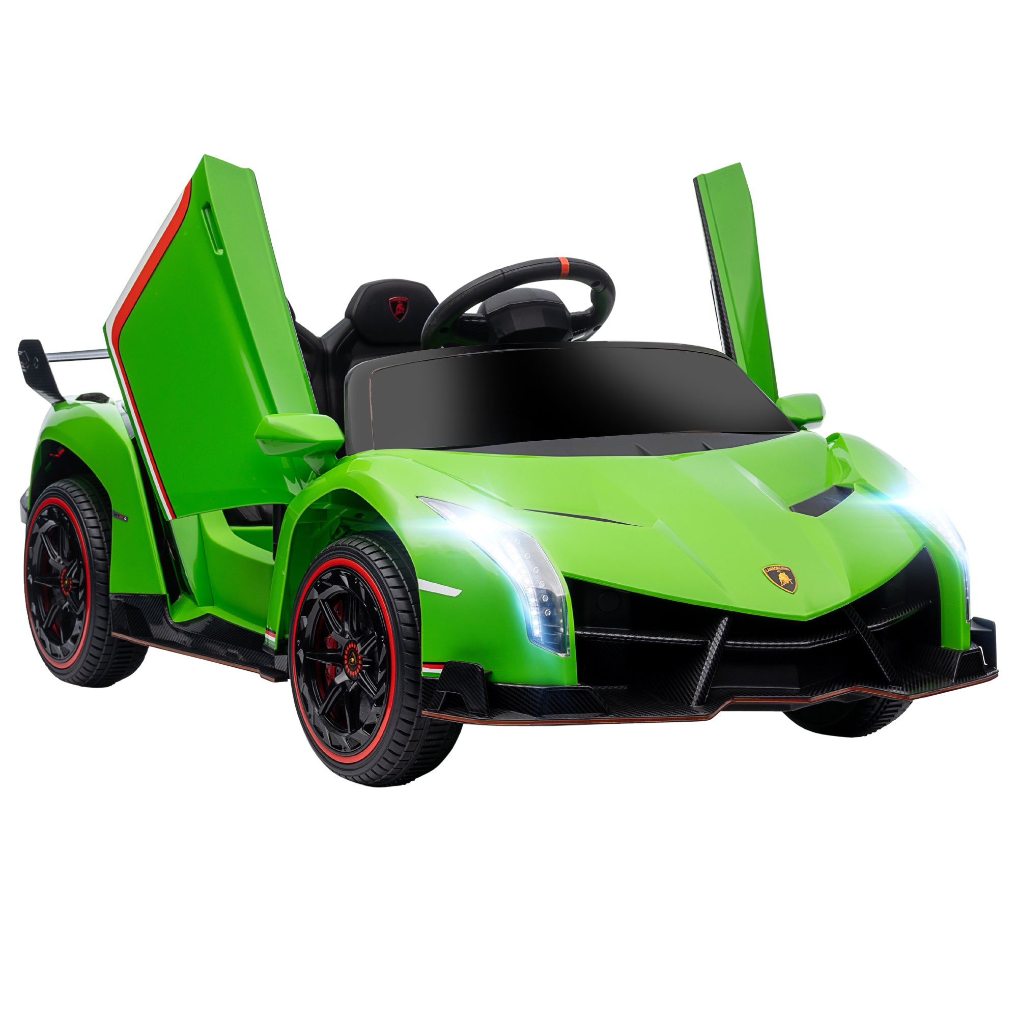 Aosom Lamborghini Veneno Licensed Kids Electric Car With Bluetooth, 12V Ride On Car With Butterfly Doors, Remote Control, Suspension System, Horn, Songs, Lights, Green Green Steel