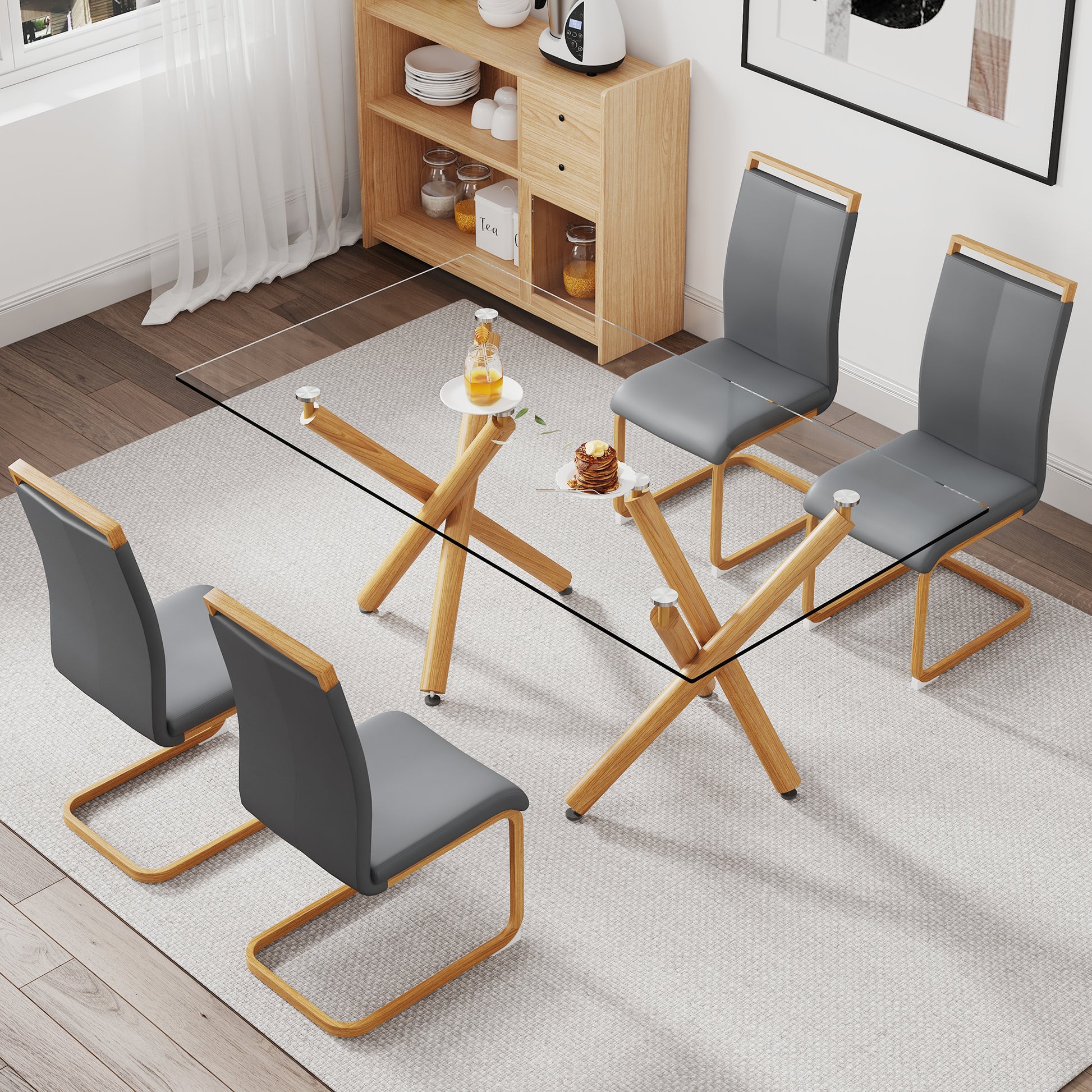 1 Table And 4 Chairs. Glass Dining Table With 0.39 "Tempered Glass Tabletop And Wooden Metal Legs.Grey Puleather High Backrest Soft Padded Side Chair With Wooden Color C Shaped Tube Chrome Metal Leg Transparent Glass