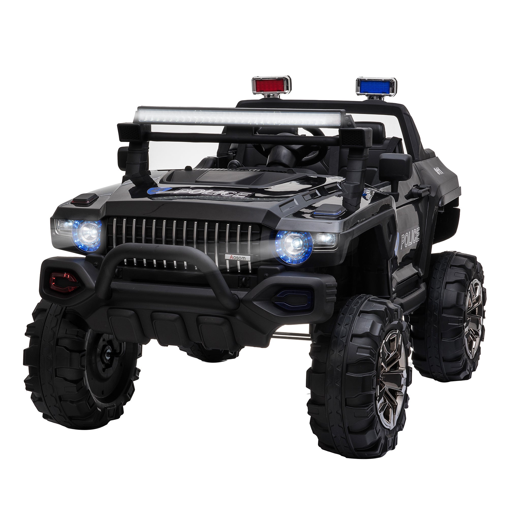 Aosom Big Size 53"L 2 Seater 12V Police Car Ride On Truck With Remote Control And Siren, Battery Operated Electric Car For Kids With Suspension, Mp3 Player, Lights, Music, Horn, Black Black Steel