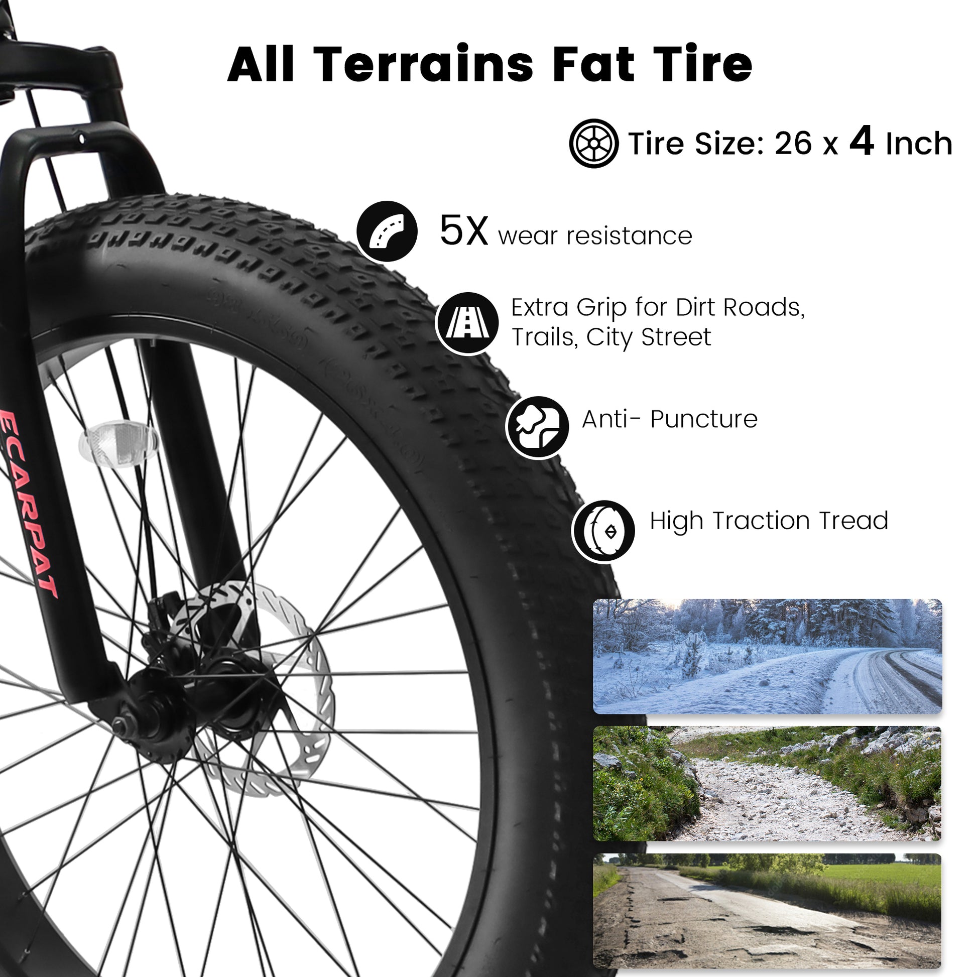 Ecarpat 26 Inch Fat Tires Mountain Bike, 4 Inch Wide Wheel, 21 Speed Disc Brakes, Mens Womens Trail Beach Snow Commuter City Mountain Bike, Carbon Steel Frame Front Fork Bicycles Cycling Black Durable Garden & Outdoor Sporty Multifunctional Polyurethane