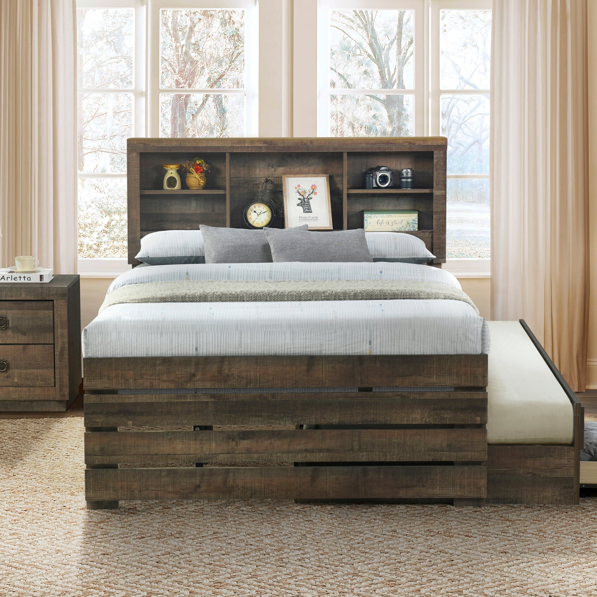 2 Pieces Bedroom Sets Farmhouse Style Full Size Bookcase Captain Bed And Nightstand, Rustic Brown Full Rustic Brown Bed Included,Nightstand Included Plywood