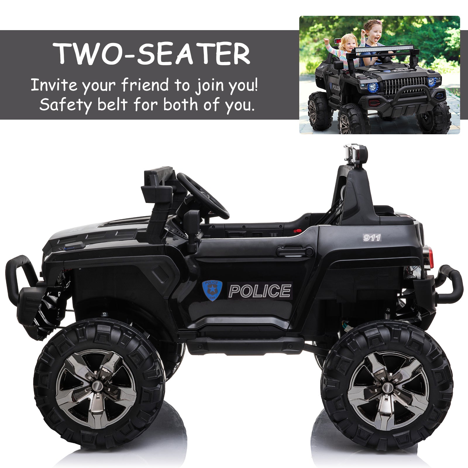 Aosom Big Size 53"L 2 Seater 12V Police Car Ride On Truck With Remote Control And Siren, Battery Operated Electric Car For Kids With Suspension, Mp3 Player, Lights, Music, Horn, Black Black Steel