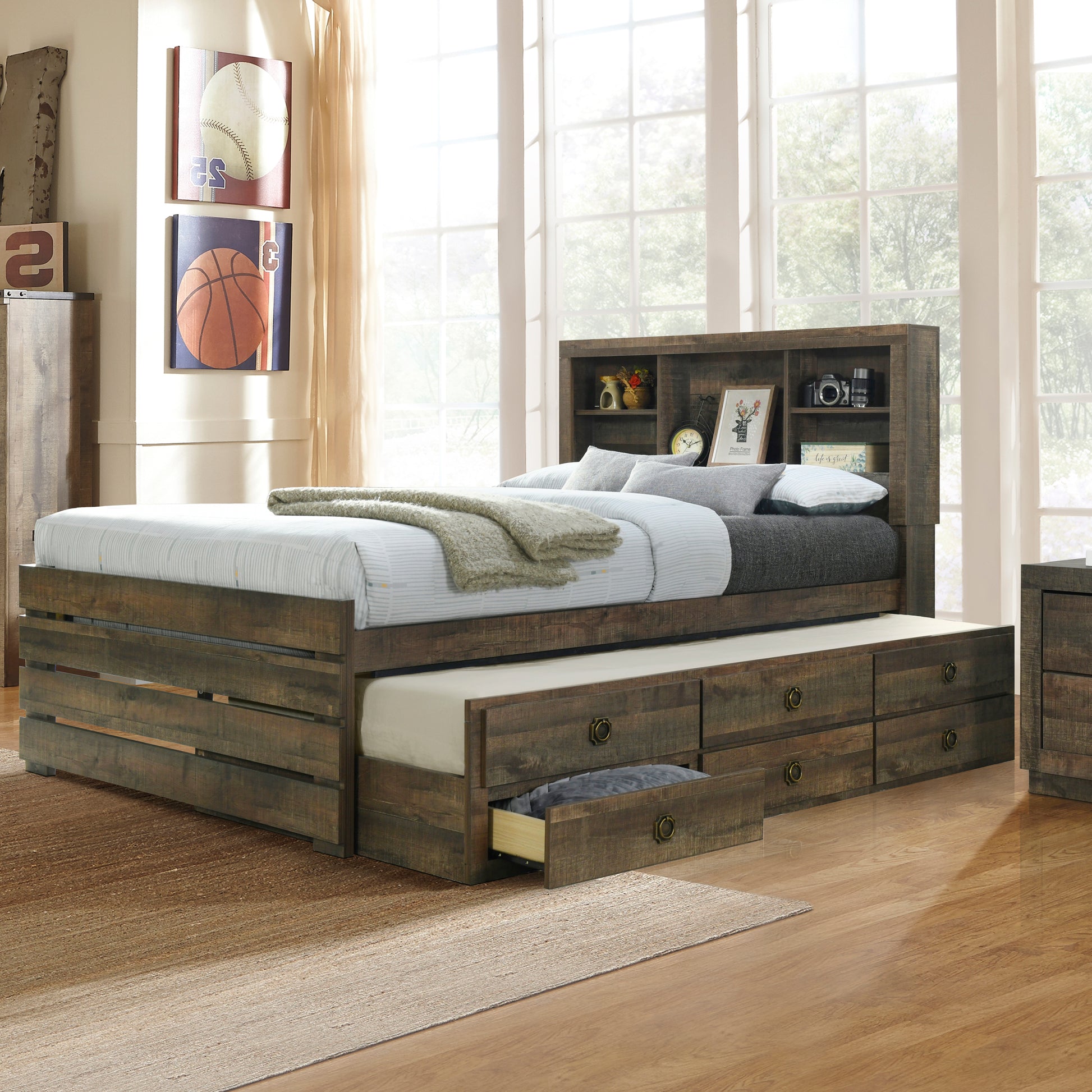 2 Pieces Bedroom Sets Farmhouse Style Twin Size Bookcase Captain Bed And Nightstand, Rustic Brown Twin Rustic Brown Bed Included,Nightstand Included Plywood
