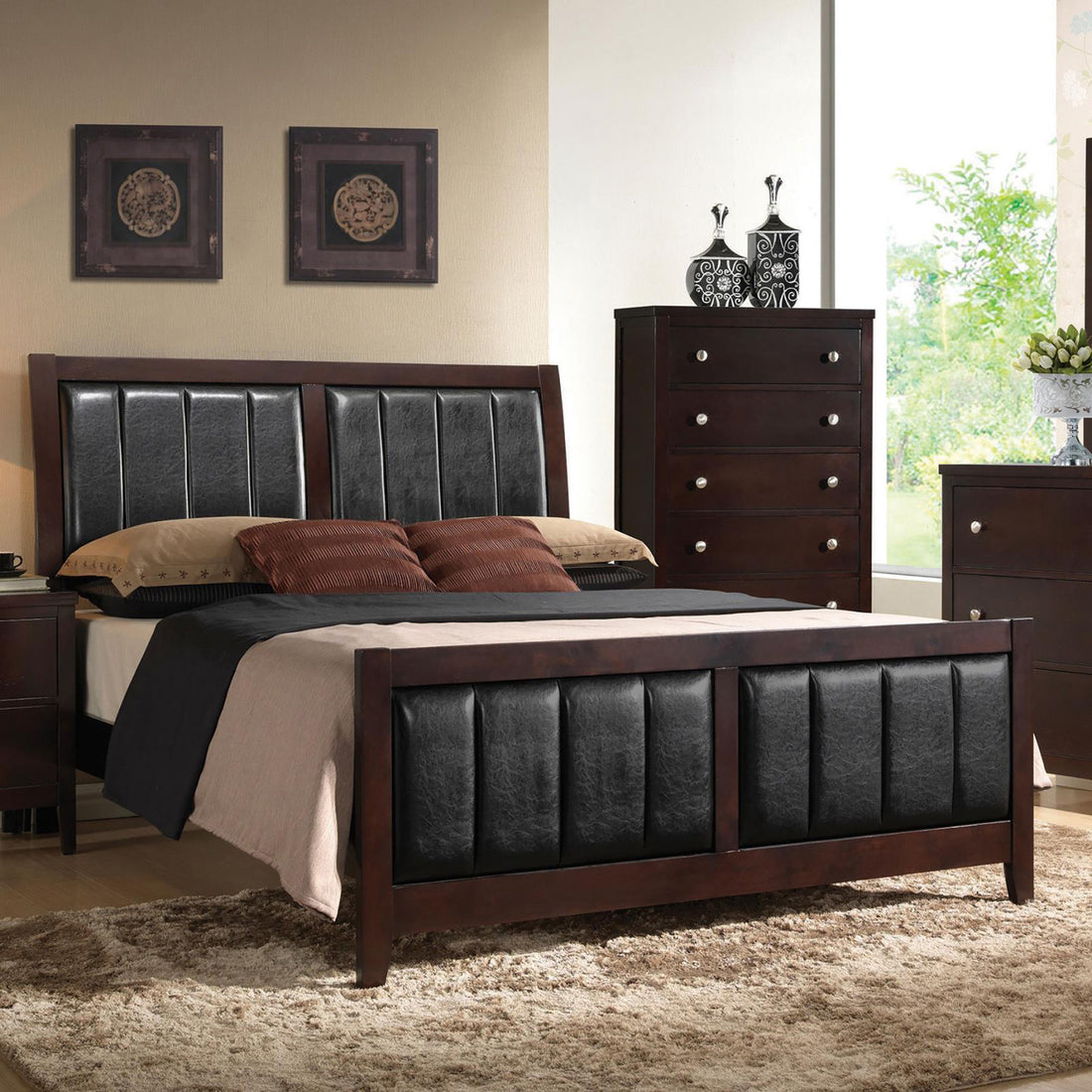 Cappuccino And Black Queen Panel Bed Queen Brown Wood Bedroom Contemporary,Modern Rubberwood Panel Faux Leather Wood