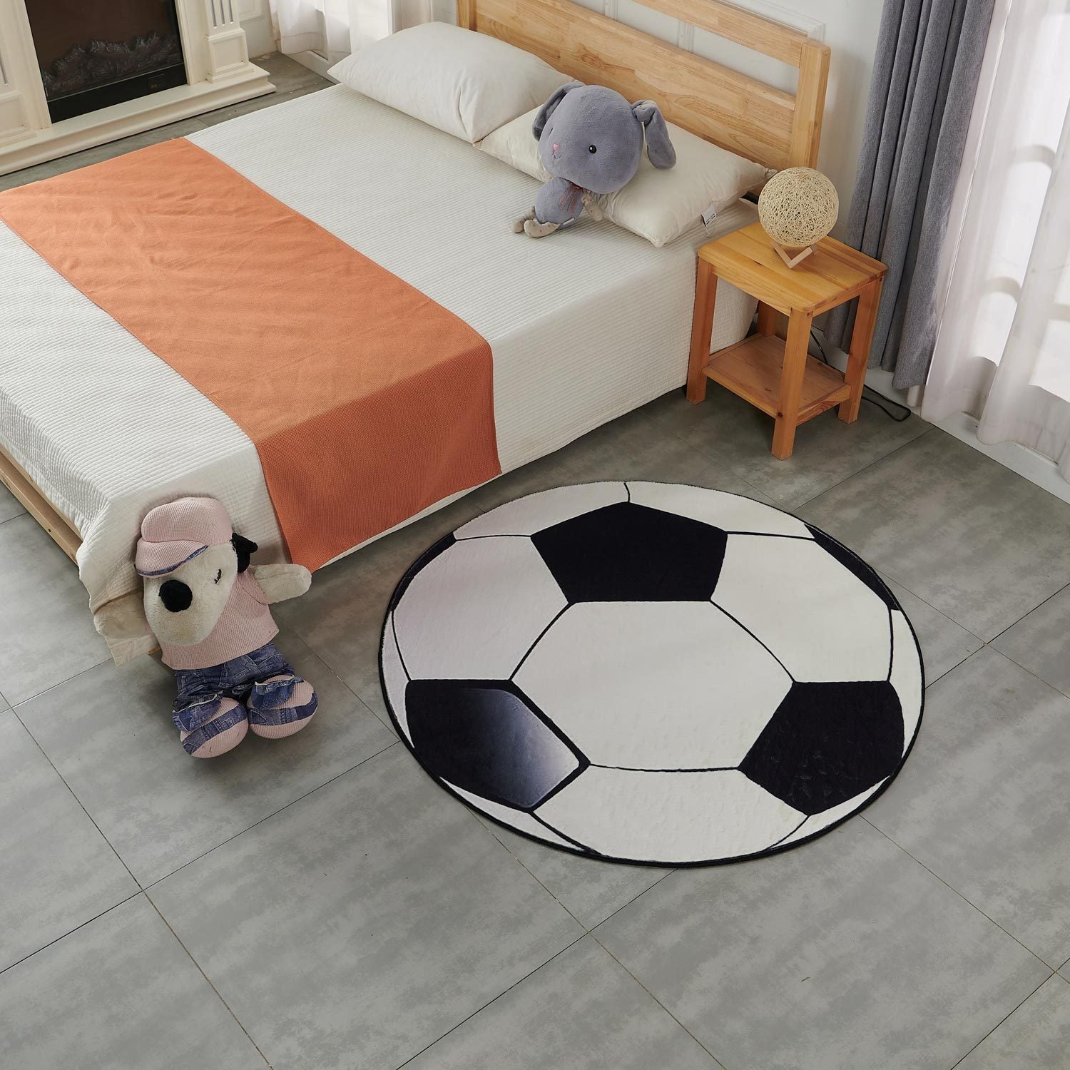 Soccer Ball Shape Machine Washable Extra Soft Decorative Area Rug Round Black White Polyester