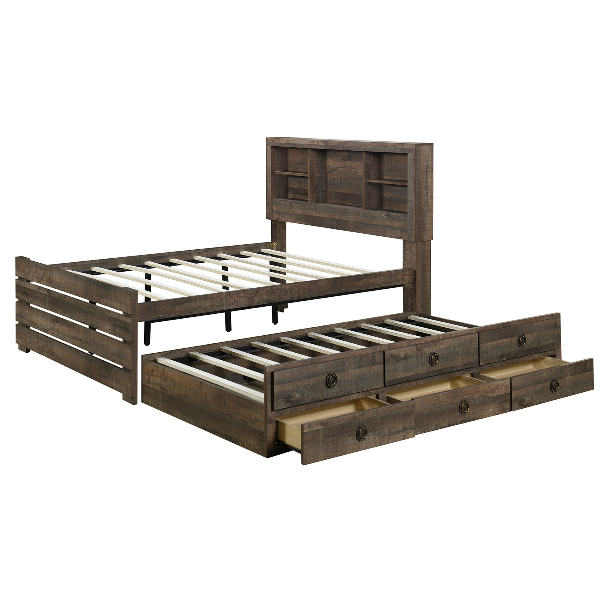 2 Pieces Bedroom Sets Farmhouse Style Full Size Bookcase Captain Bed And Nightstand, Rustic Brown Full Rustic Brown Bed Included,Nightstand Included Plywood