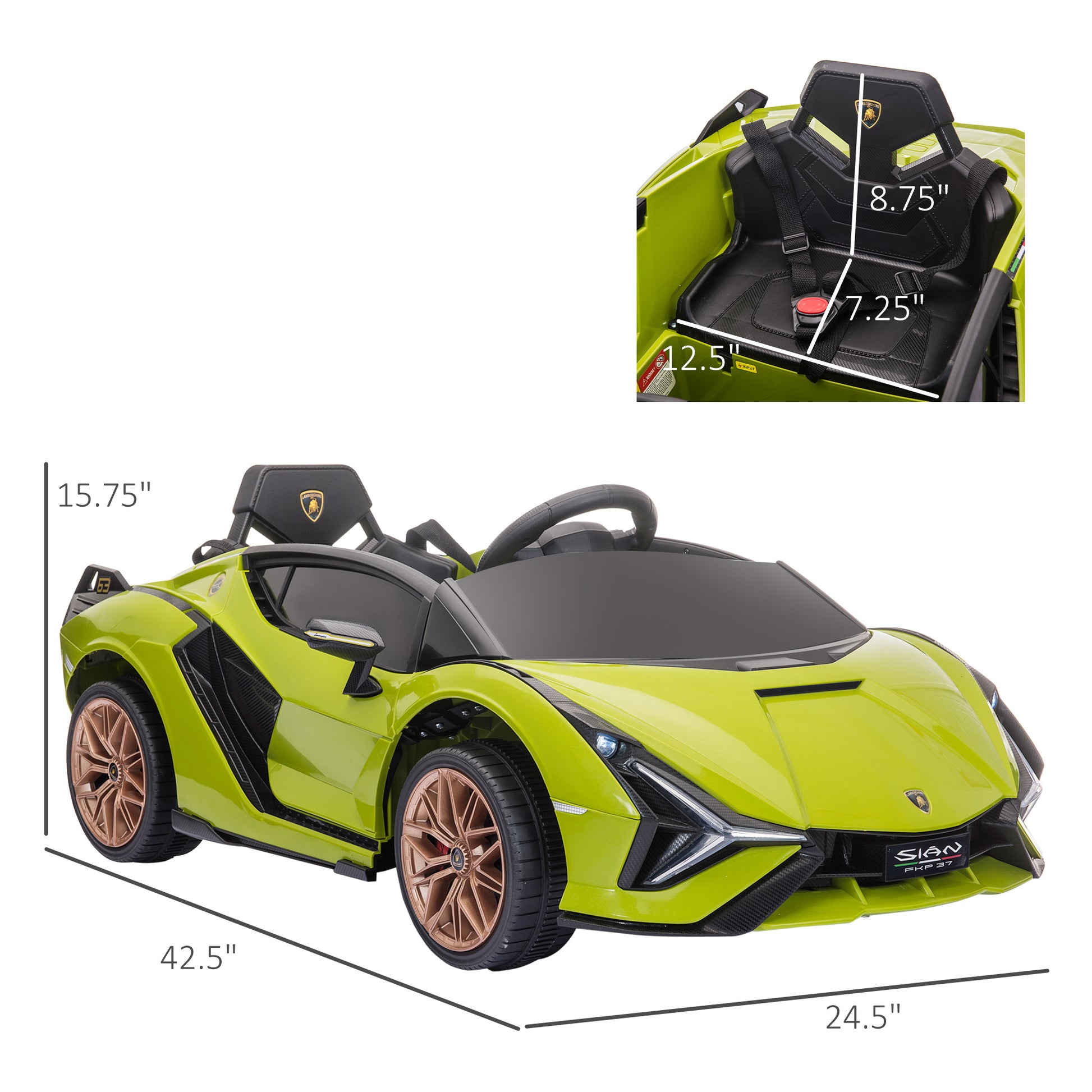 Aosom Lamborghini Sian Licensed Kids Ride On Car, 12V Battery Powered Electric Sports Car Toy With Remote Control, Horn, Music, & Headlights For 3 5 Years Old Green Green Steel