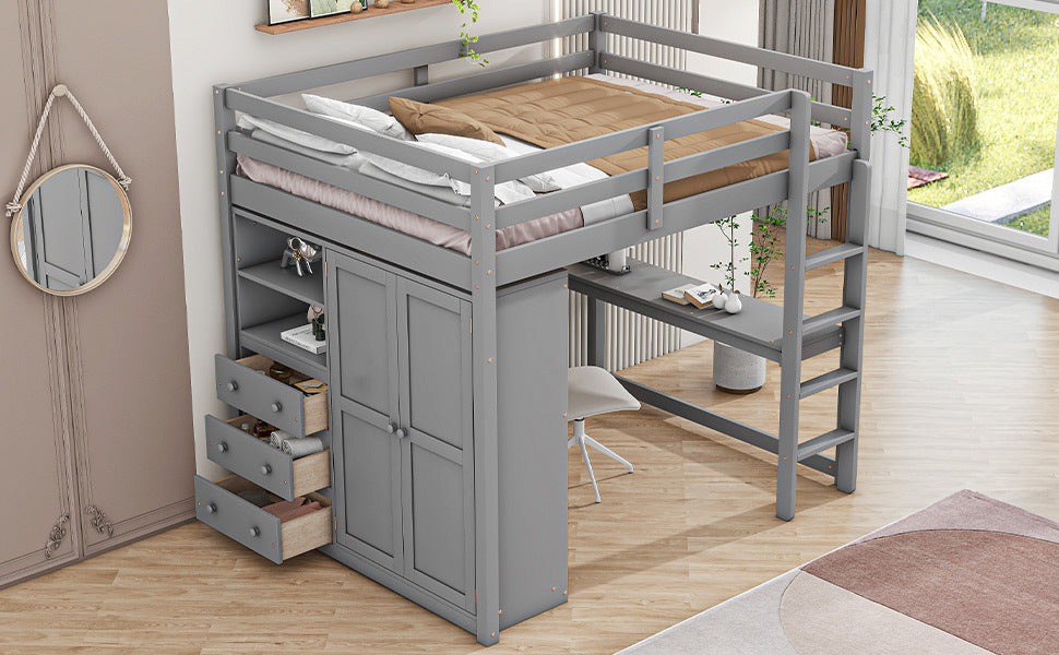 Wood Full Size Loft Bed With Built In Wardrobe, Desk, Storage Shelves And Drawers, Gray Box Spring Not Required Full Gray Wood Bedroom Bed Frame Solid Wood Mdf