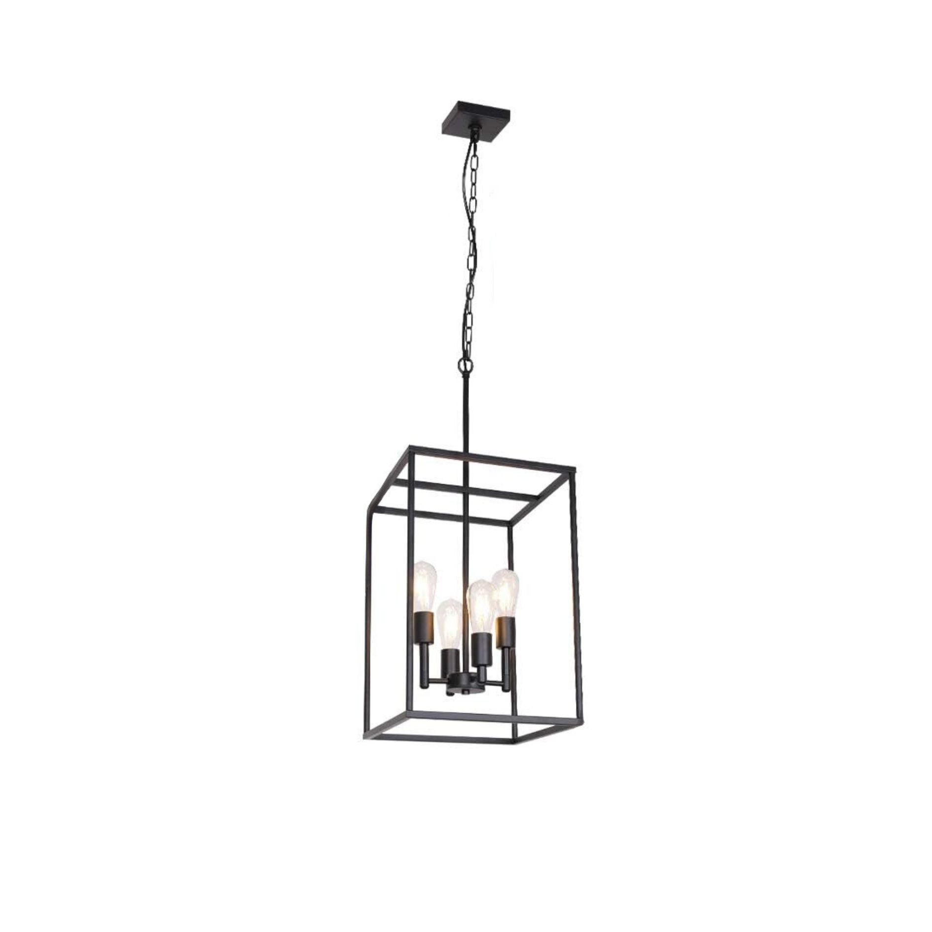 4 Light Large Industrial Metal Farmhouse Pendant Light Black Square Wide Cage Chandelier With Painted Finish Black Metal