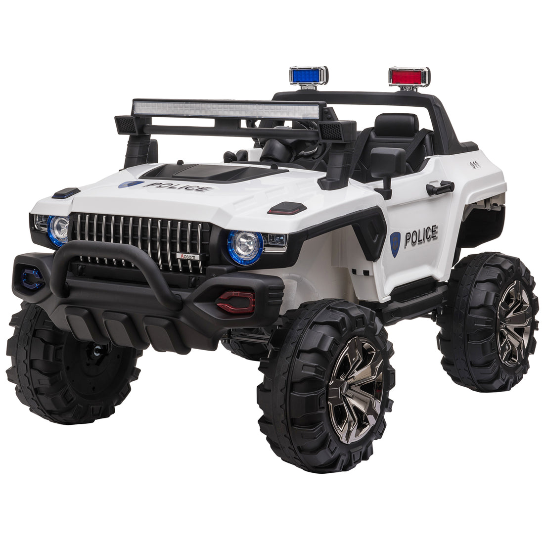 Aosom Big Size 53"L 2 Seater 12V Police Car Ride On Truck With Remote Control And Siren, Battery Operated Electric Car For Kids With Suspension, Mp3 Player, Lights, Music, Horn, White White Steel