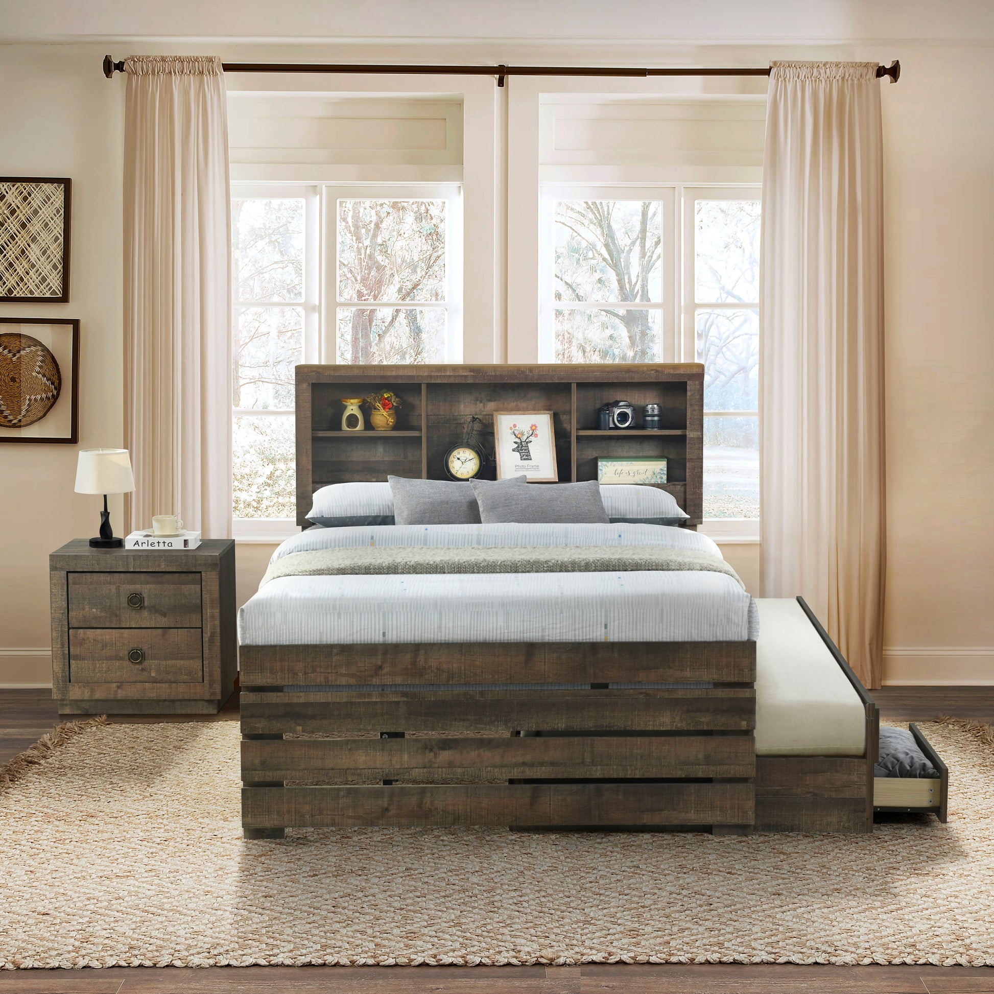 2 Pieces Bedroom Sets Farmhouse Style Twin Size Bookcase Captain Bed And Nightstand, Rustic Brown Twin Rustic Brown Bed Included,Nightstand Included Plywood