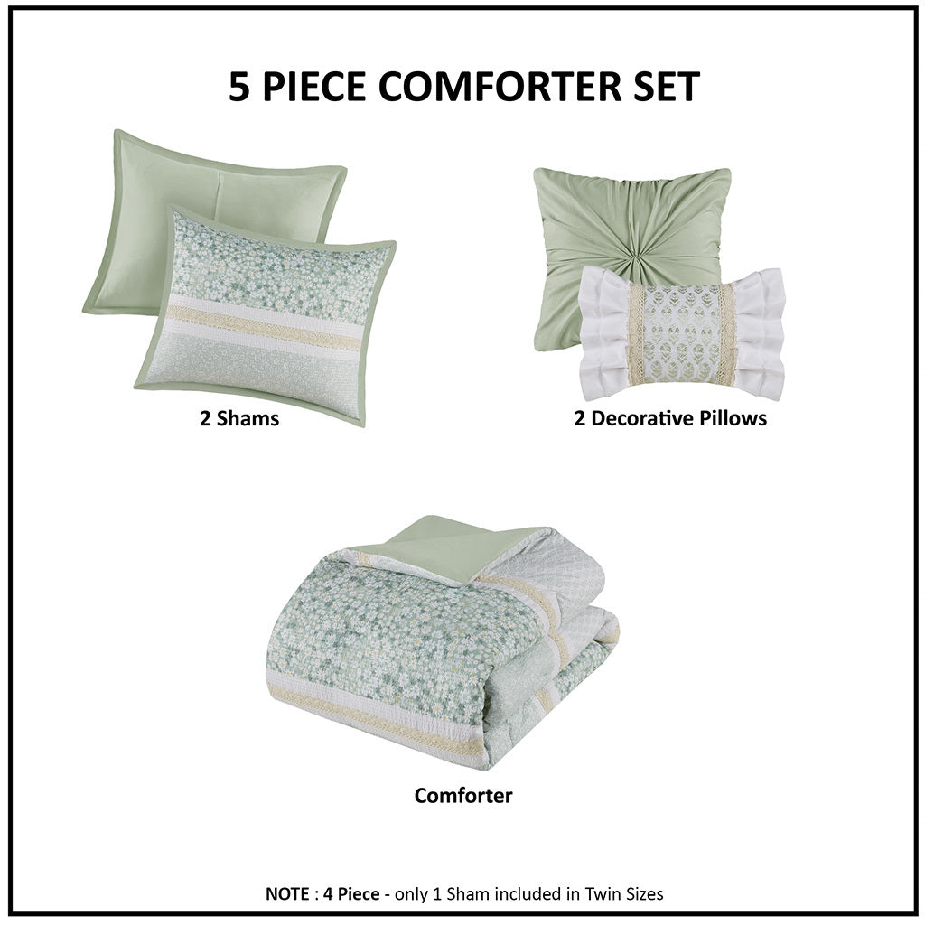 5 Piece Seersucker Comforter Set With Throw Pillows Green Polyester