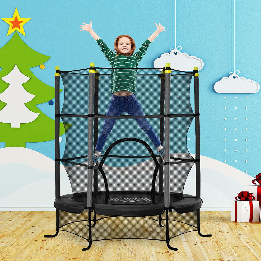 Soozier 5.3' Kids Trampoline, 64" Indoor Trampoline For Kids With Safety Enclosure For 3 10 Year Olds, Indoor & Outdoor Use, Black Black Steel