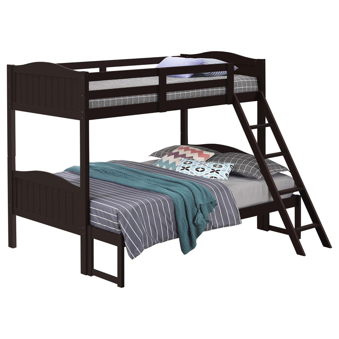 Espresso Twin Full Bunk Bed With Arched Headboard Brown Wood Espresso Bedroom Transitional Rubberwood Bunk Wood