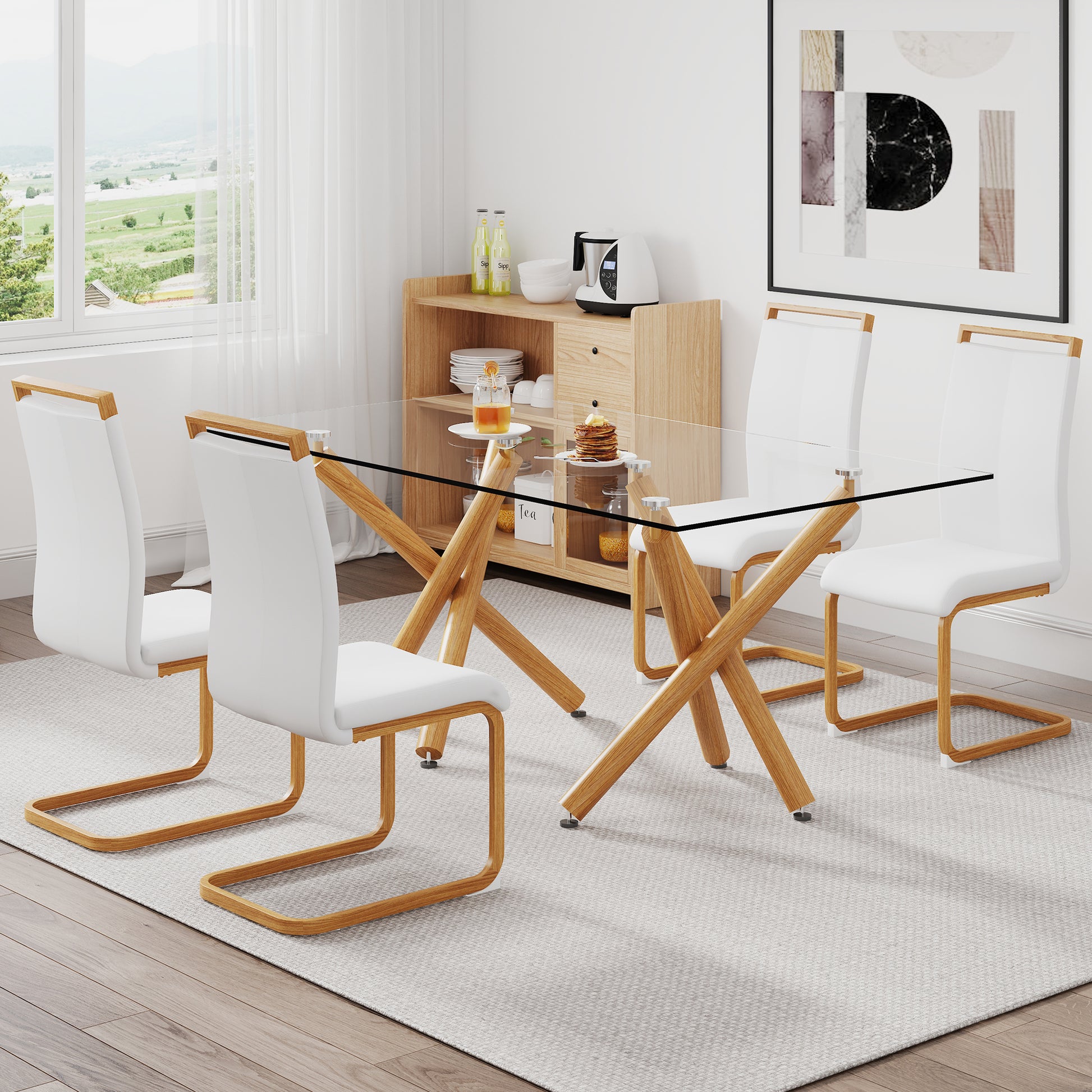 1 Table And 4 Chairs. Glass Dining Table With 0.39 "Tempered Glass Tabletop And Wooden Metal Legs. White Puleather High Backrest Soft Padded Side Chair With C Shaped Tube Chrome Metal Leg Transparent Glass