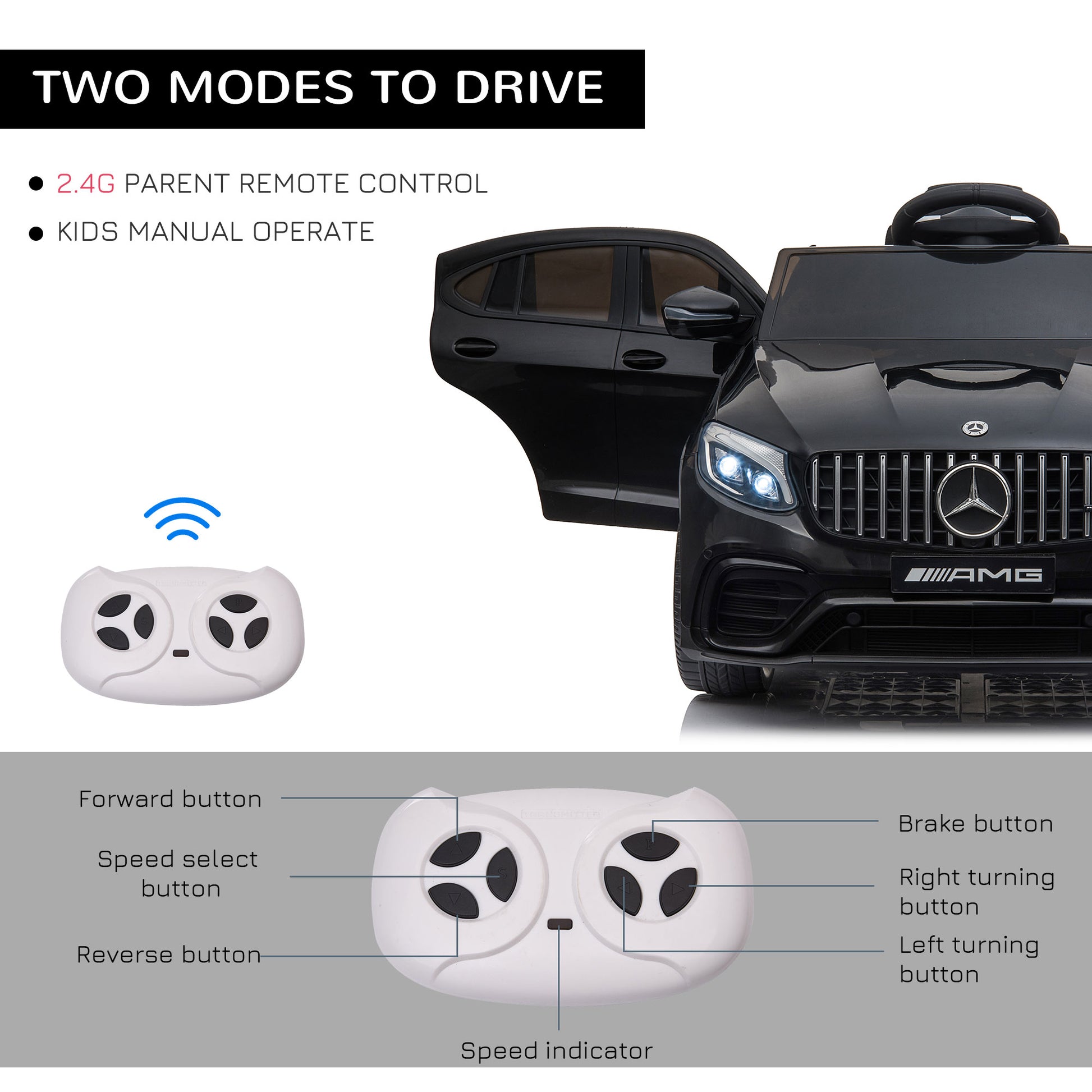 Aosom 12V Toddler Ride On Car With Remote Control, Mercedes Benz Amg Glc63S Coupe, Electric Car With 2 Speed, Mp3 Player, Light, Horn, Songs, Suspension, Black Black Steel