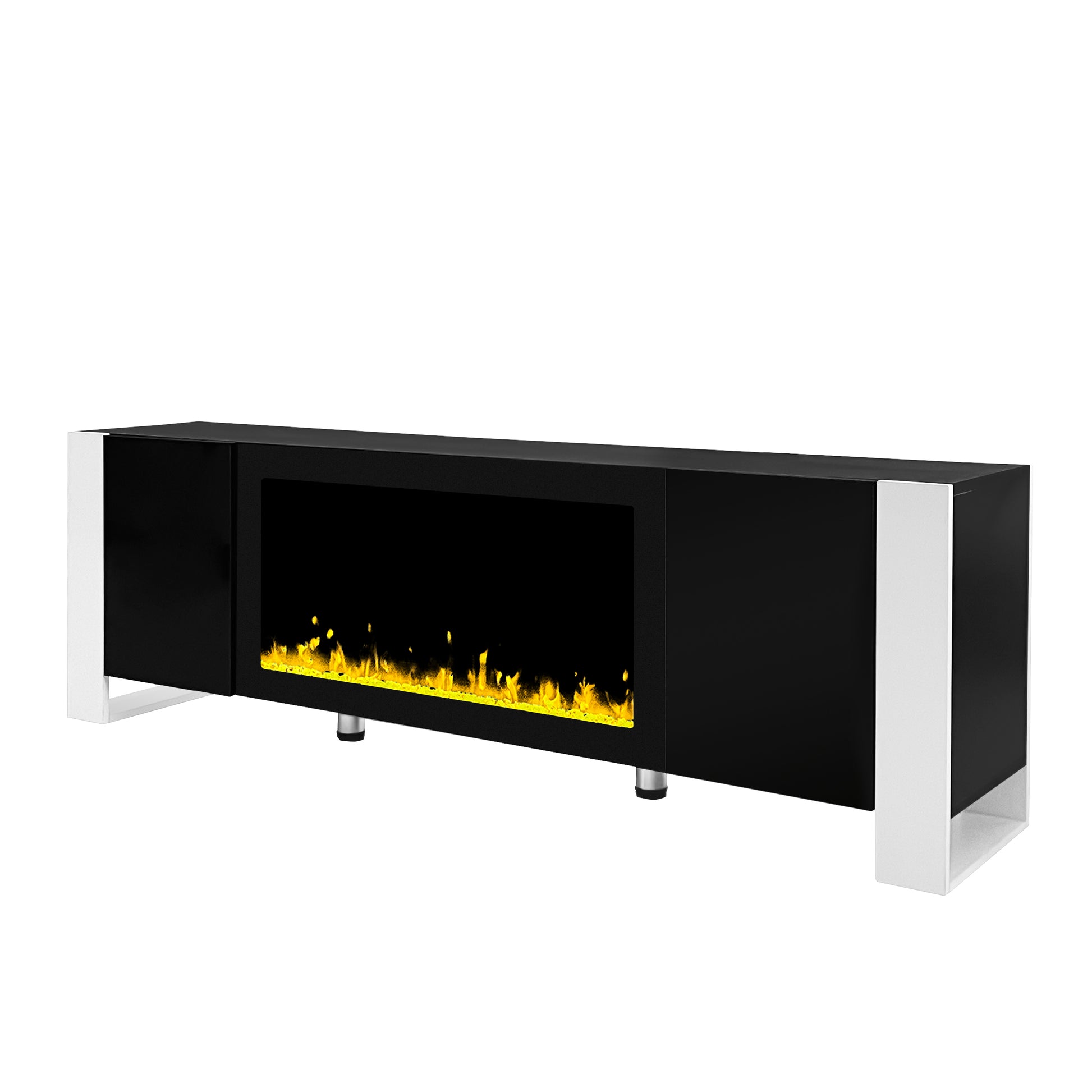 Modern Tv Stand With 34.2" Non Heating Electric Fireplace, High Gloss Entertainment Center With 2 Cabinets, Media Console For Tvs Up To 78", Black Black Primary Living Space 70 79 Inches 70 79 Inches Modern Mdf