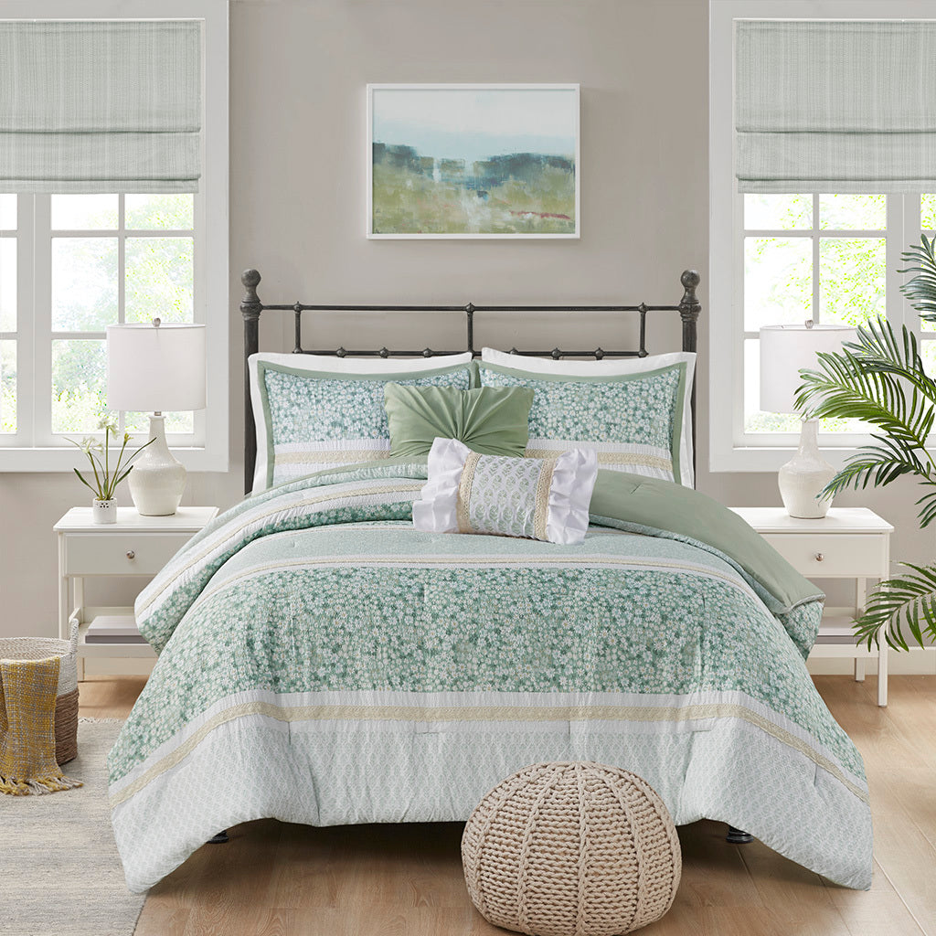 5 Piece Seersucker Comforter Set With Throw Pillows Green Polyester