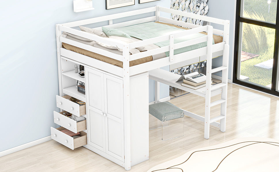 Wood Full Size Loft Bed With Built In Wardrobe, Desk, Storage Shelves And Drawers, White Box Spring Not Required Full White Wood Bedroom Bed Frame Solid Wood Mdf