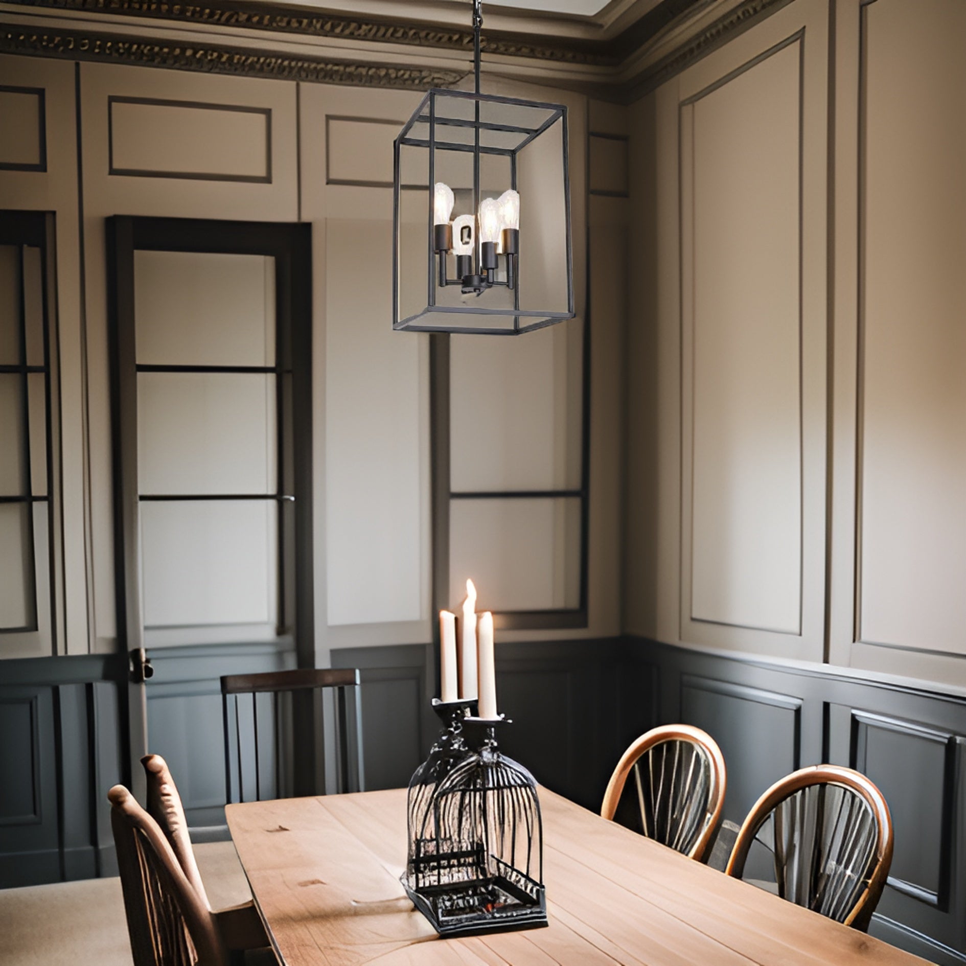 4 Light Large Industrial Metal Farmhouse Pendant Light Black Square Wide Cage Chandelier With Painted Finish Black Metal