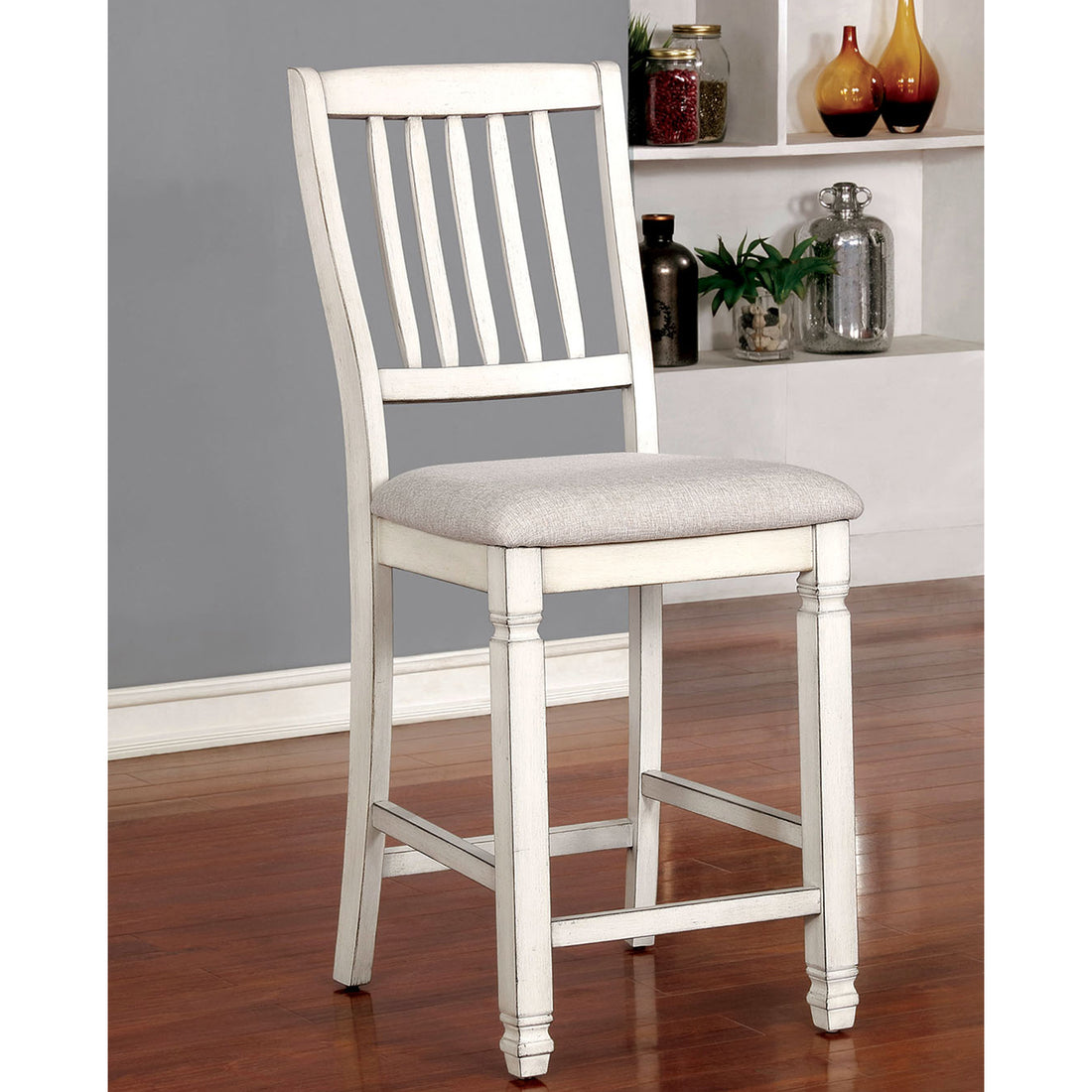 Pack Of 2 Counter Height Chairs In Antique White And Light Gray Solid Antique White Dining Room Dining Chairs Slat Back Wood Fabric