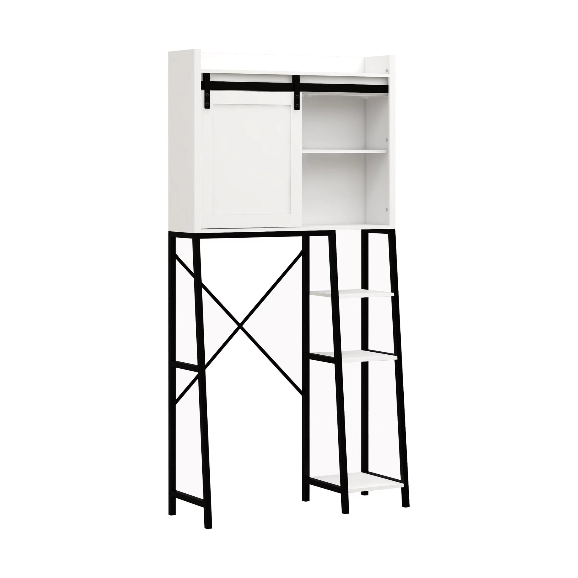 Over The Toilet Storage Cabinet, Bathroom Shelves Over Toilet With Sliding Barn Door,Adjustable Shelves And Side Storage Rack White White Black Mdf