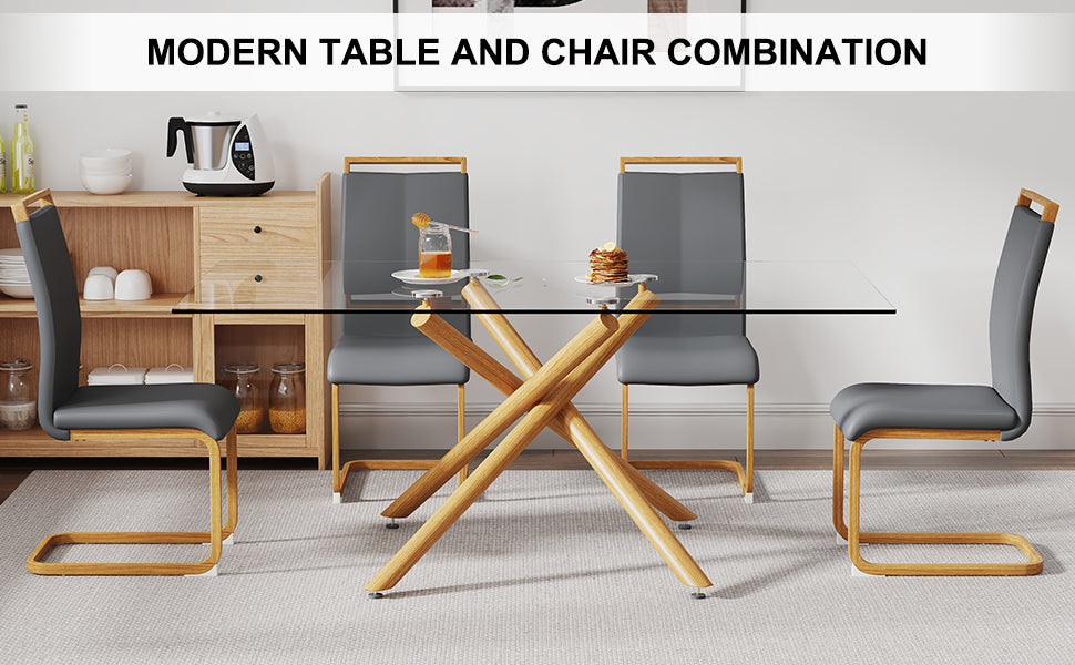 A Table With Four Chairs. Glass Dining Table With 0.39 "Tempered Glass Tabletop And Wooden Metal Legs. Pu Leather High Backrest Cushioned Side Chair With C Shaped Chrome Metal Legs. Transparent Glass