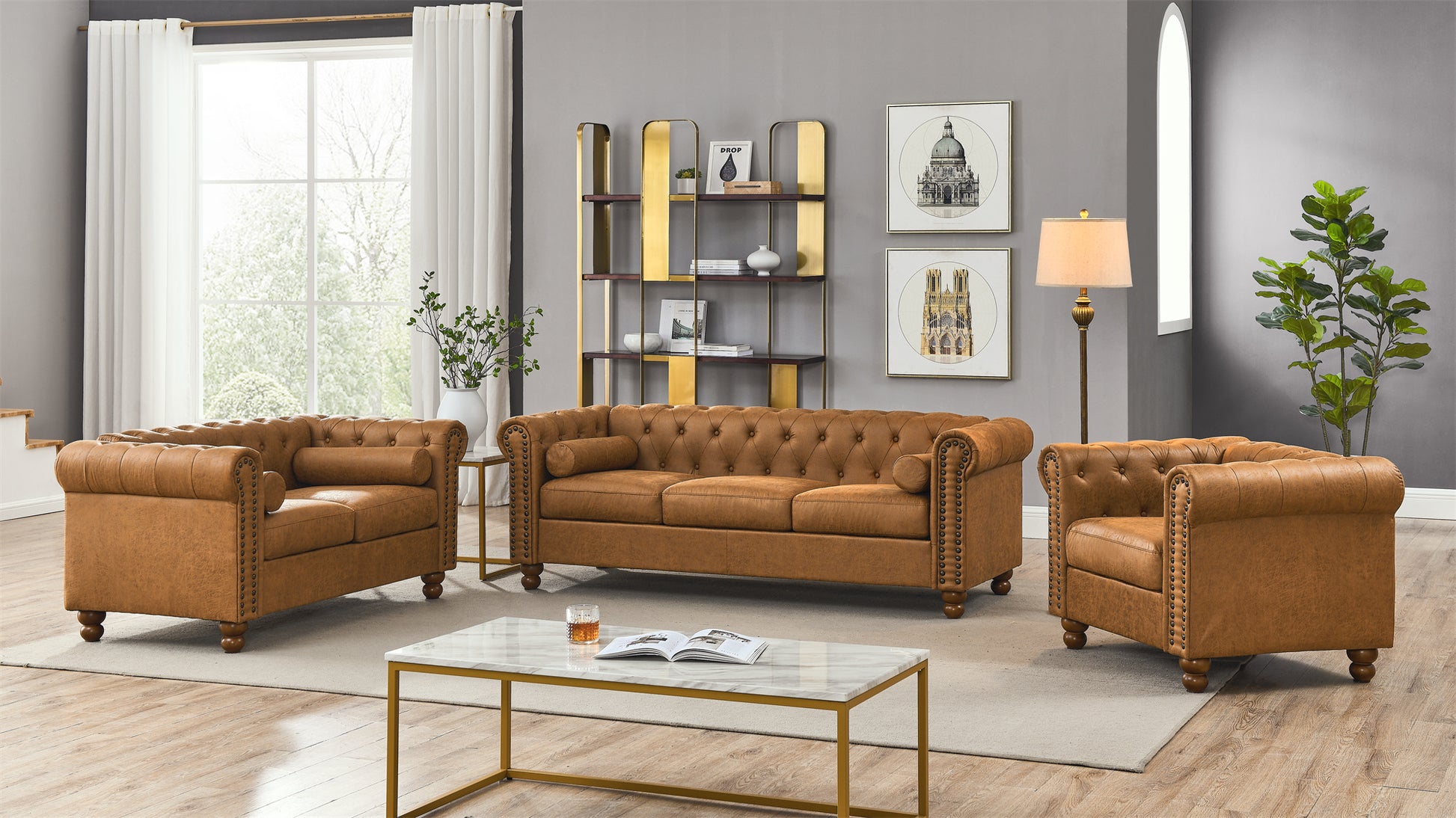 Classic Traditional Living Room Upholstered Sofa With High Tech Fabric Surface Chesterfield Tufted Fabric Sofa Couch, Large Brown Brown Brown Microfiber Wood Primary Living Space Medium Soft Cushion