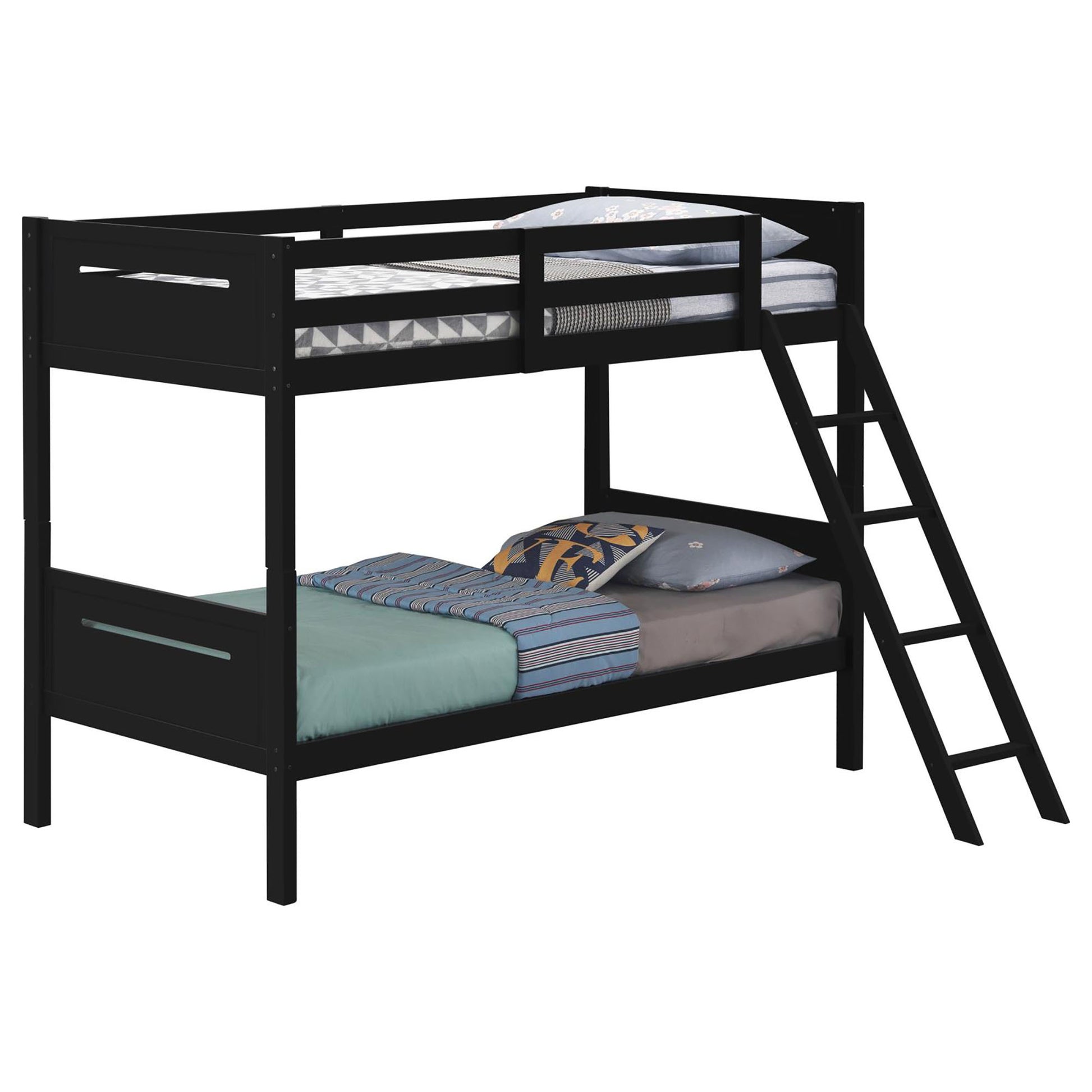 Black Twin Twin Bunk Bed With Built In Ladder Twin Black Wood Bedroom Transitional Rubberwood Bunk Wood