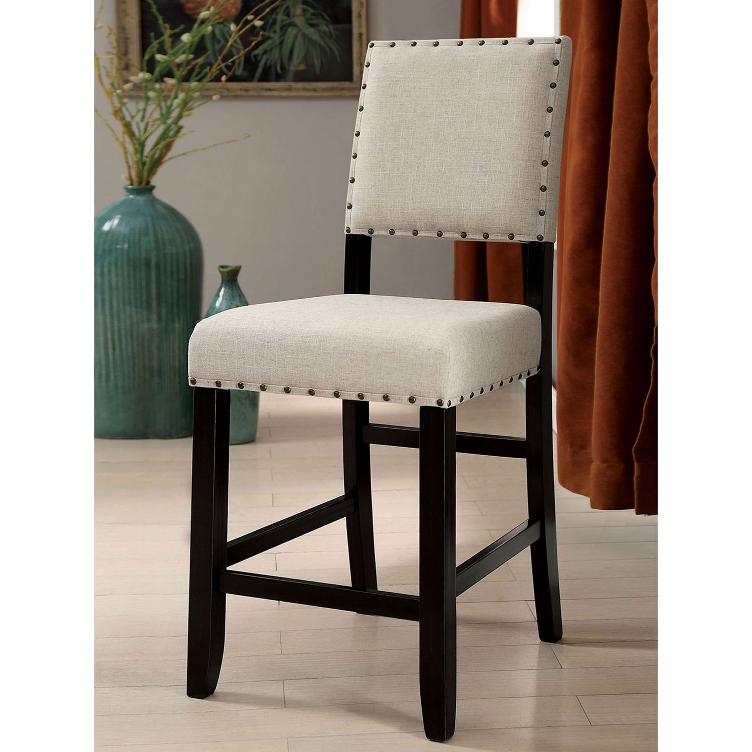 Set Of 2 Counter Height Chairs In Antique Black And Beige Solid Antique Black Dining Room Wood Fabric
