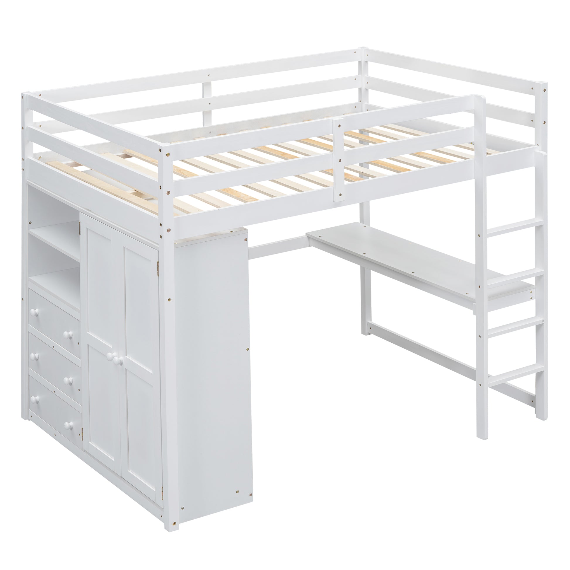 Wood Full Size Loft Bed With Built In Wardrobe, Desk, Storage Shelves And Drawers, White Box Spring Not Required Full White Wood Bedroom Bed Frame Solid Wood Mdf