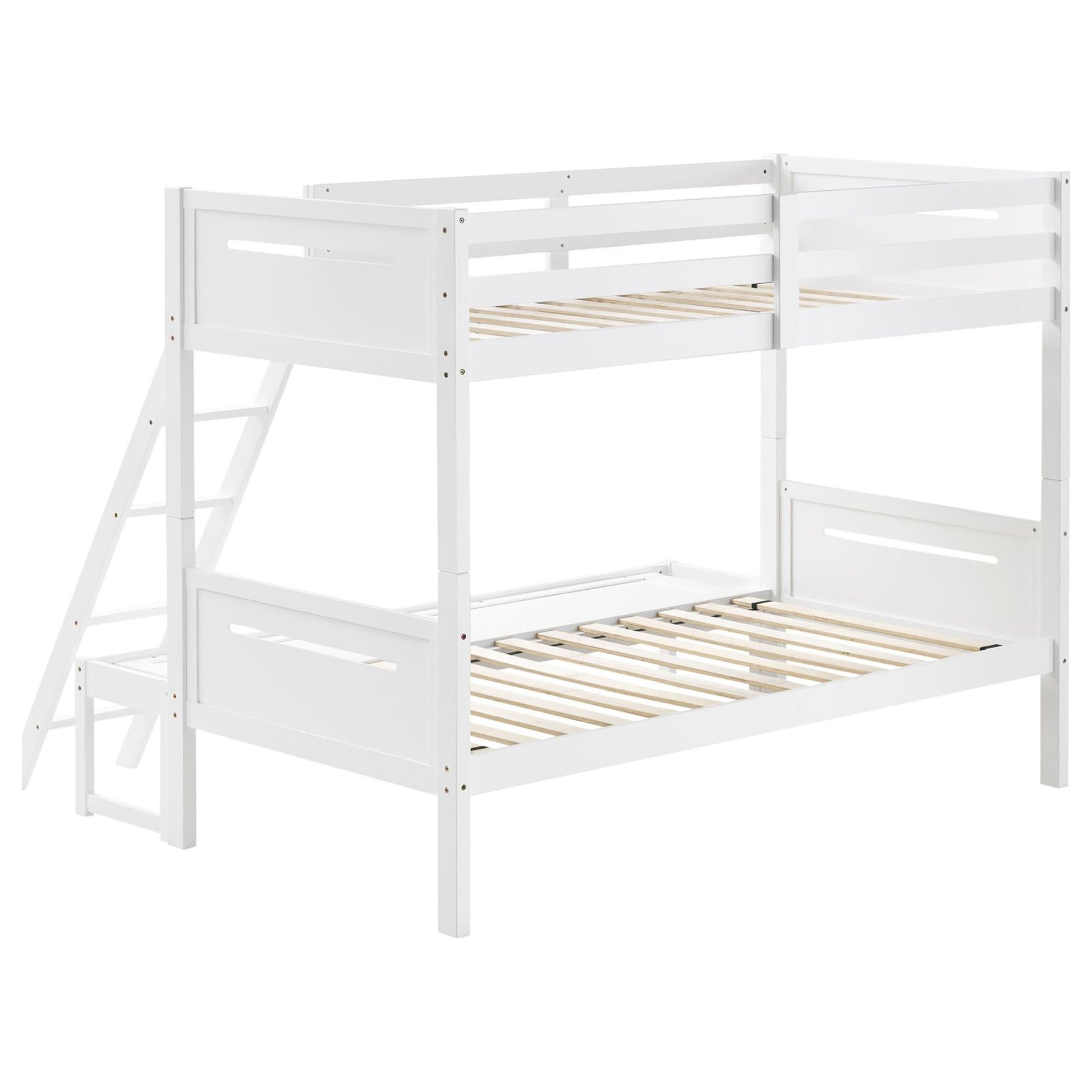 White Twin Full Bunk Bed With Built In Ladder White Wood White Bedroom Transitional Rubberwood Bunk Wood