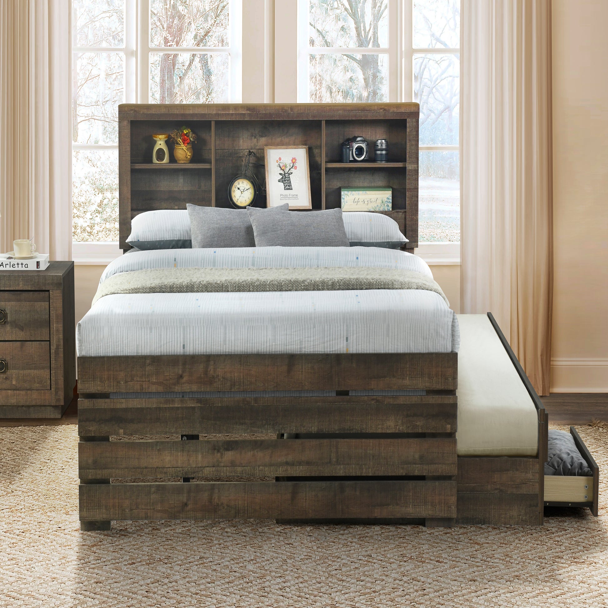 2 Pieces Bedroom Sets Farmhouse Style Twin Size Bookcase Captain Bed And Nightstand, Rustic Brown Twin Rustic Brown Bed Included,Nightstand Included Plywood