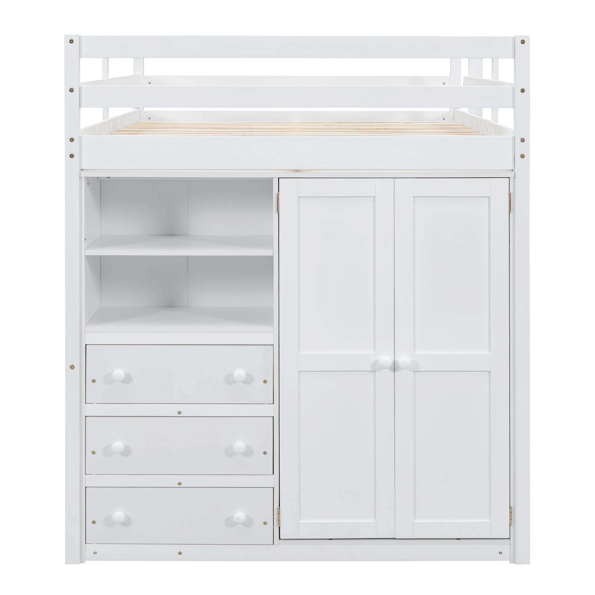 Wood Full Size Loft Bed With Built In Wardrobe, Desk, Storage Shelves And Drawers, White Box Spring Not Required Full White Wood Bedroom Bed Frame Solid Wood Mdf