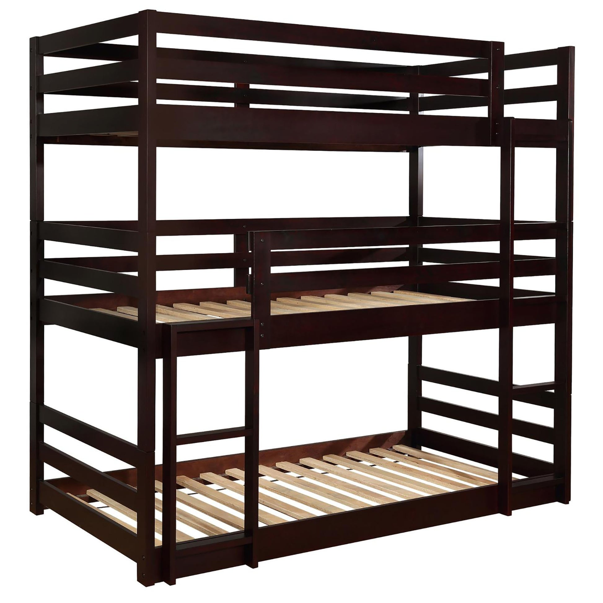 Cappuccino Triple Twin Bunk Bed Twin Brown Wood Bedroom Transitional Pine Bunk Wood