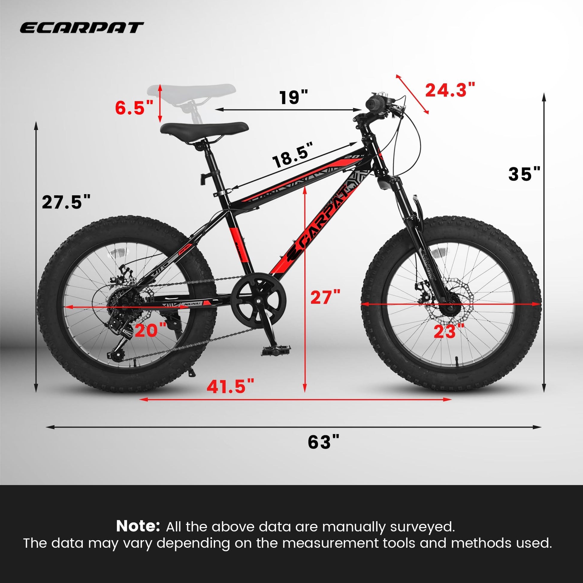 Ecarpat Kids Bike 20 Inch Wheels, 4" Wide Fat Tire Snow Mountain Bike Ages 8 12 Year Old, Steel Frame, 7 Speed Teenager Children Kids' Bicycles Cycling Black Red Without Durable Garden & Outdoor Classic Multifunctional Polyurethane Foam Steel