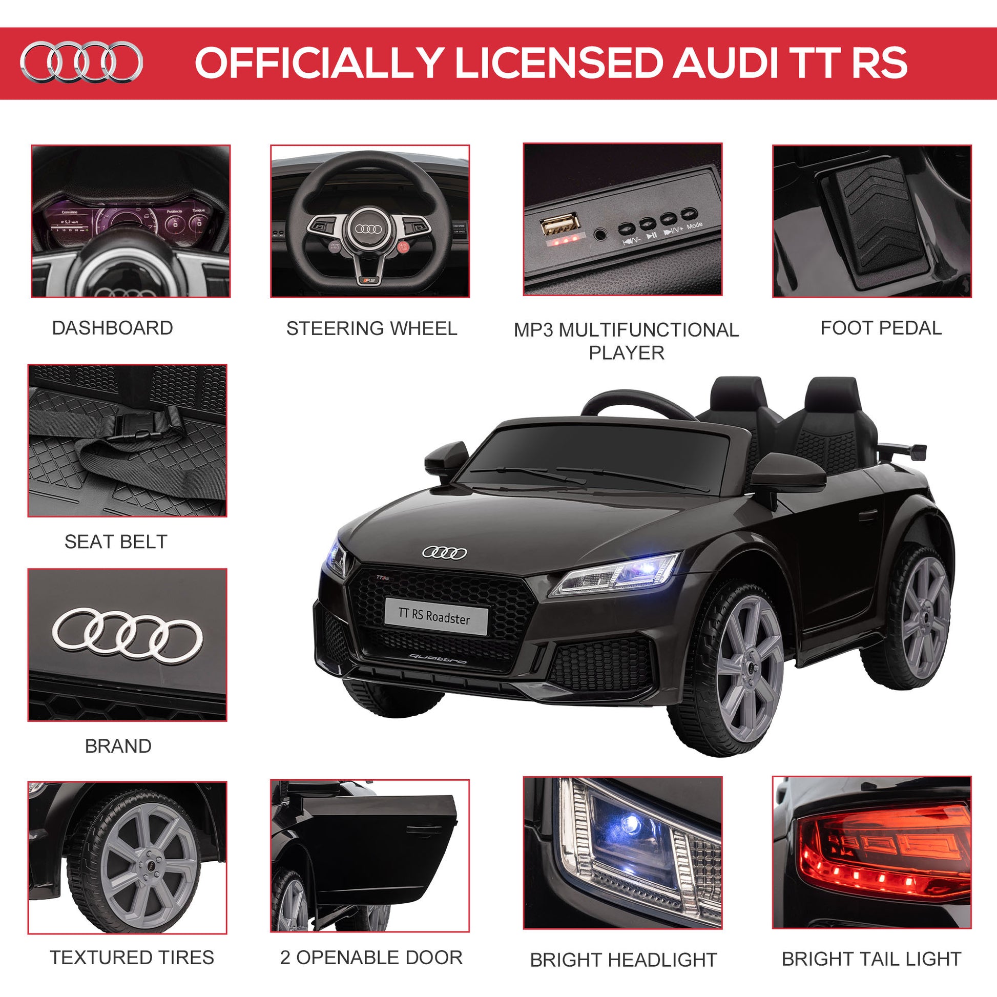 Aosom 6V Kids Electric Ride On Car, Licensed Audi Tt Rs With Suspension System And Remote Control, Horn, 5 Songs, Lights, Mp3 Player Black Black Steel