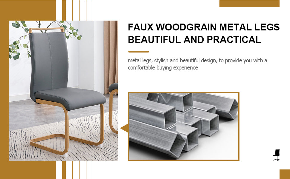1 Table And 4 Chairs. Glass Dining Table With 0.39 "Tempered Glass Tabletop And Wooden Metal Legs.Grey Puleather High Backrest Soft Padded Side Chair With Wooden Color C Shaped Tube Chrome Metal Leg Transparent Glass